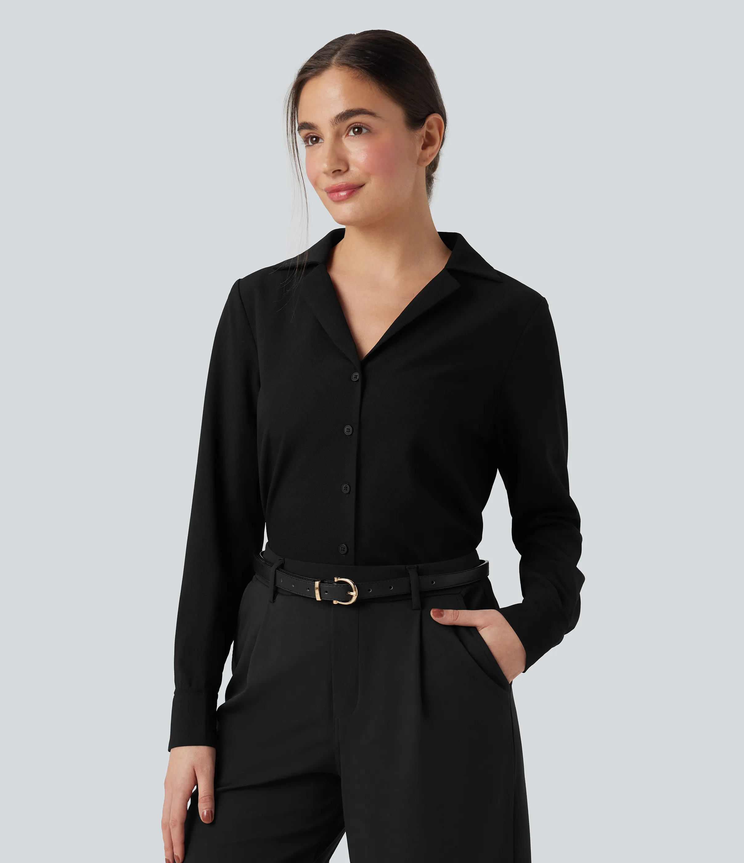 Halara Camisa de oficina de manga larga con dobladillo curvo - Black - XS sold by Halara product image thumbnail 4