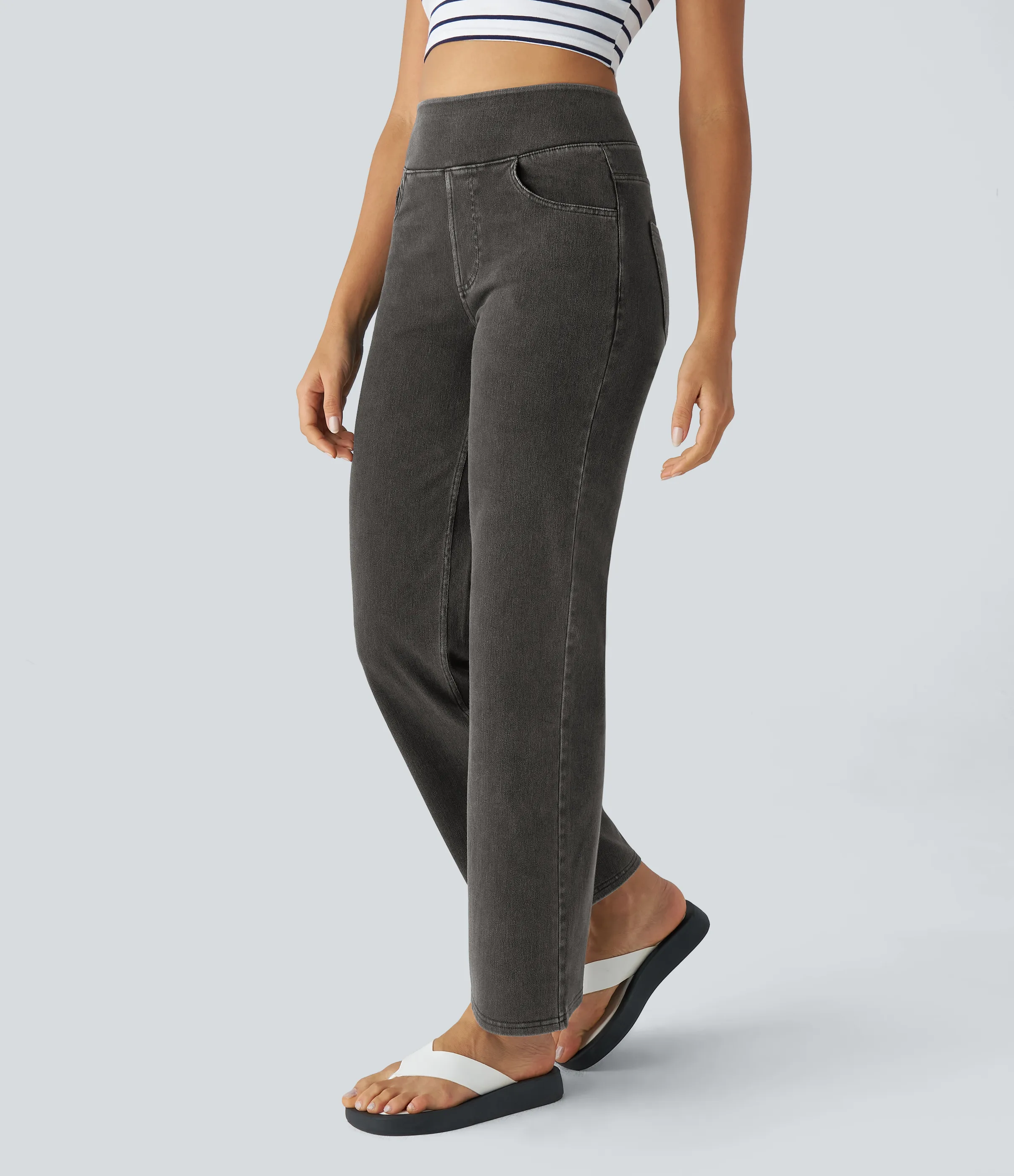 Halara Jeans Halara Flex™ Denim oficina elástico pierna recta tiro alto múltiple bolsillo - Hemp Rope Black Denim - XS(petite) sold by Halara product image thumbnail 4