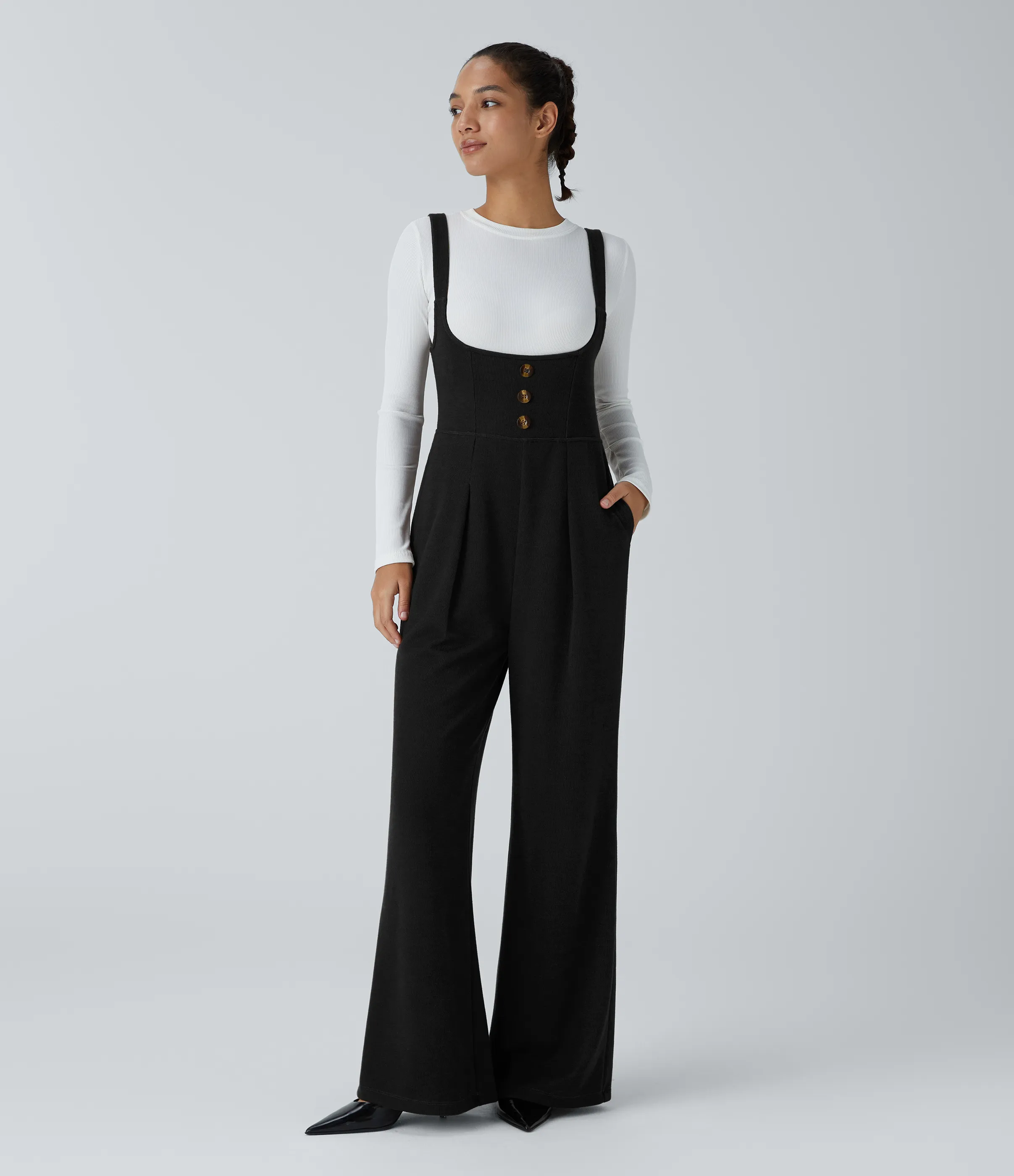 Halara Mono oficina tirante sin mangas botón decorativo bolsillo lateral plisado ligero vuelo - Black - L(regular) sold by Halara product image thumbnail 2