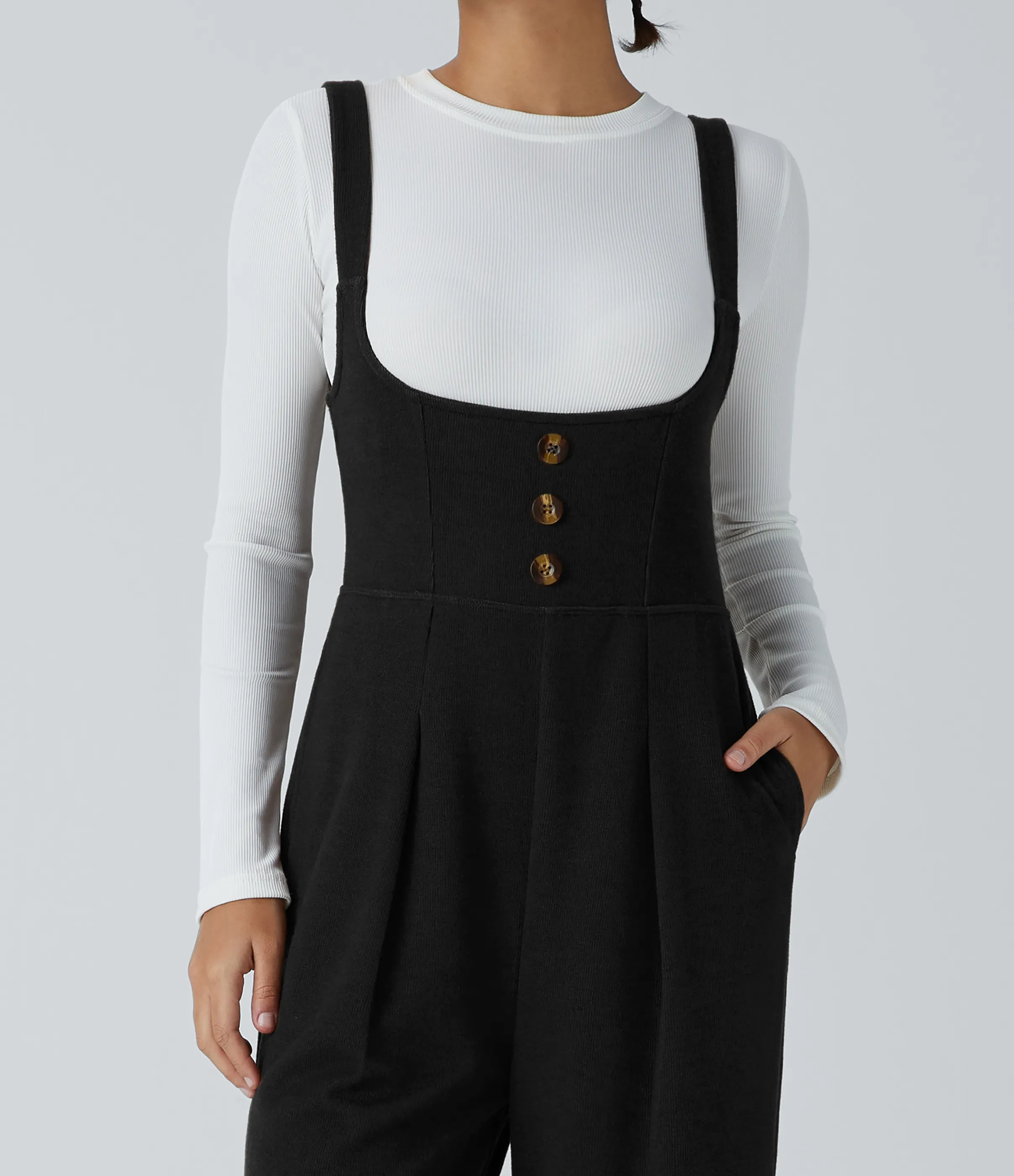 Halara Mono oficina tirante sin mangas botón decorativo bolsillo lateral plisado ligero vuelo - Black - L(regular) sold by Halara product image thumbnail 5