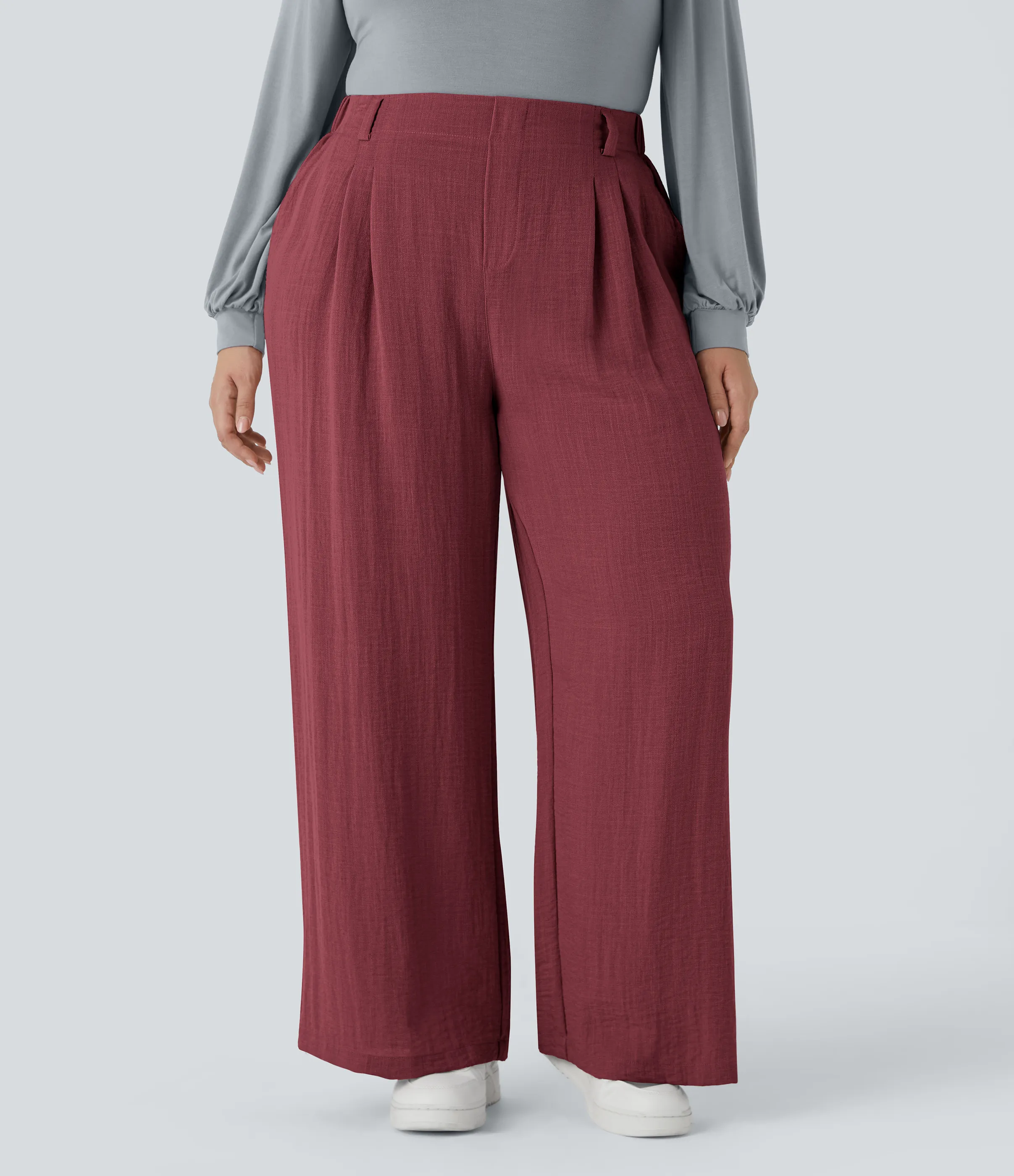 Halara Pantalón tiro alto bolsillo lateral plisado pierna ancha fluido tacto lino talla grande - Biking Red - 3X(regular) sold by Halara product image thumbnail 2