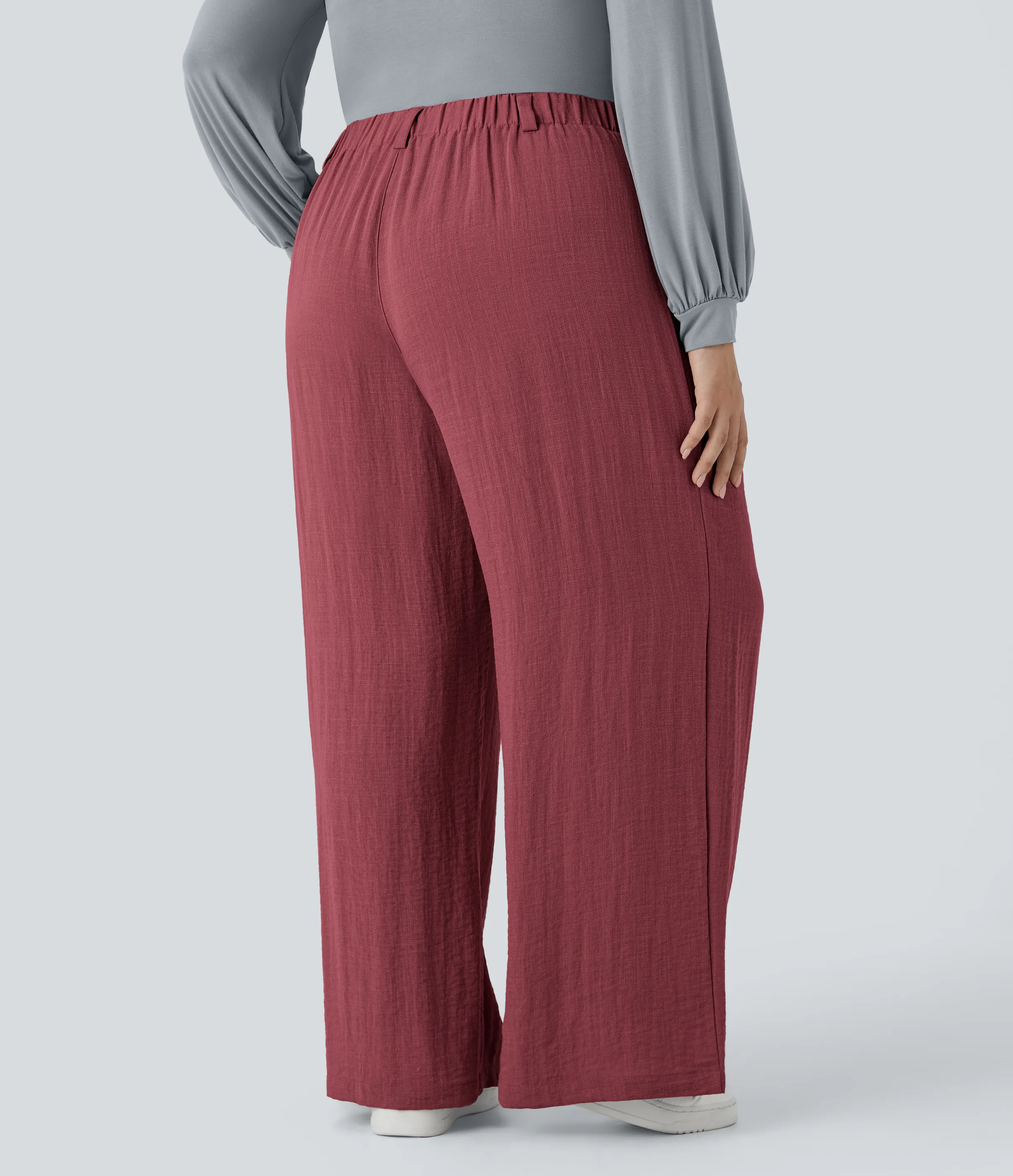 Halara Pantalón tiro alto bolsillo lateral plisado pierna ancha fluido tacto lino talla grande - Biking Red - 3X(regular) sold by Halara product image thumbnail 3