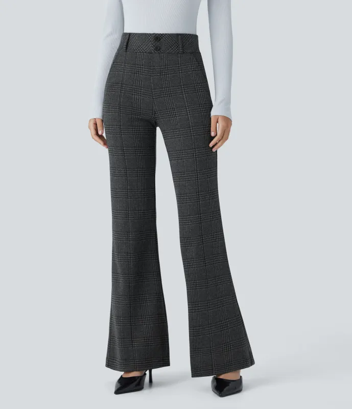 Halara Pantalón Halara Flex™ acampanado oficina pata gallo bolsillo lateral botón decorativo tiro alto - Charcoal Black Houndstooth Plaid - XL(regular) sold by Halara