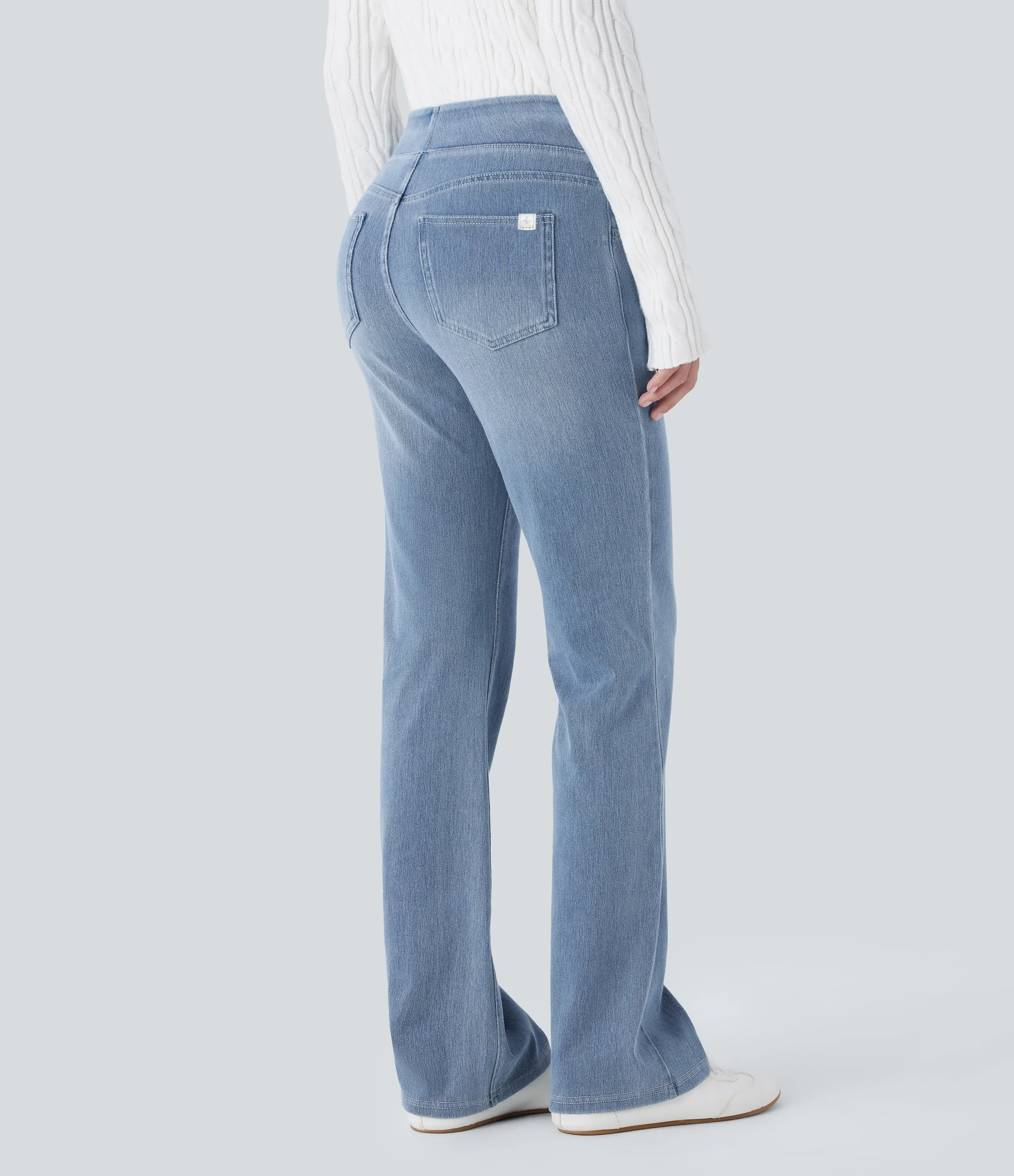 Halara Jeans Halara Flex™ Denim tiro alto lavado elástico múltiple bolsillo corte acampanado - Gray Blue Denim - S(petite) sold by Halara product image thumbnail 3
