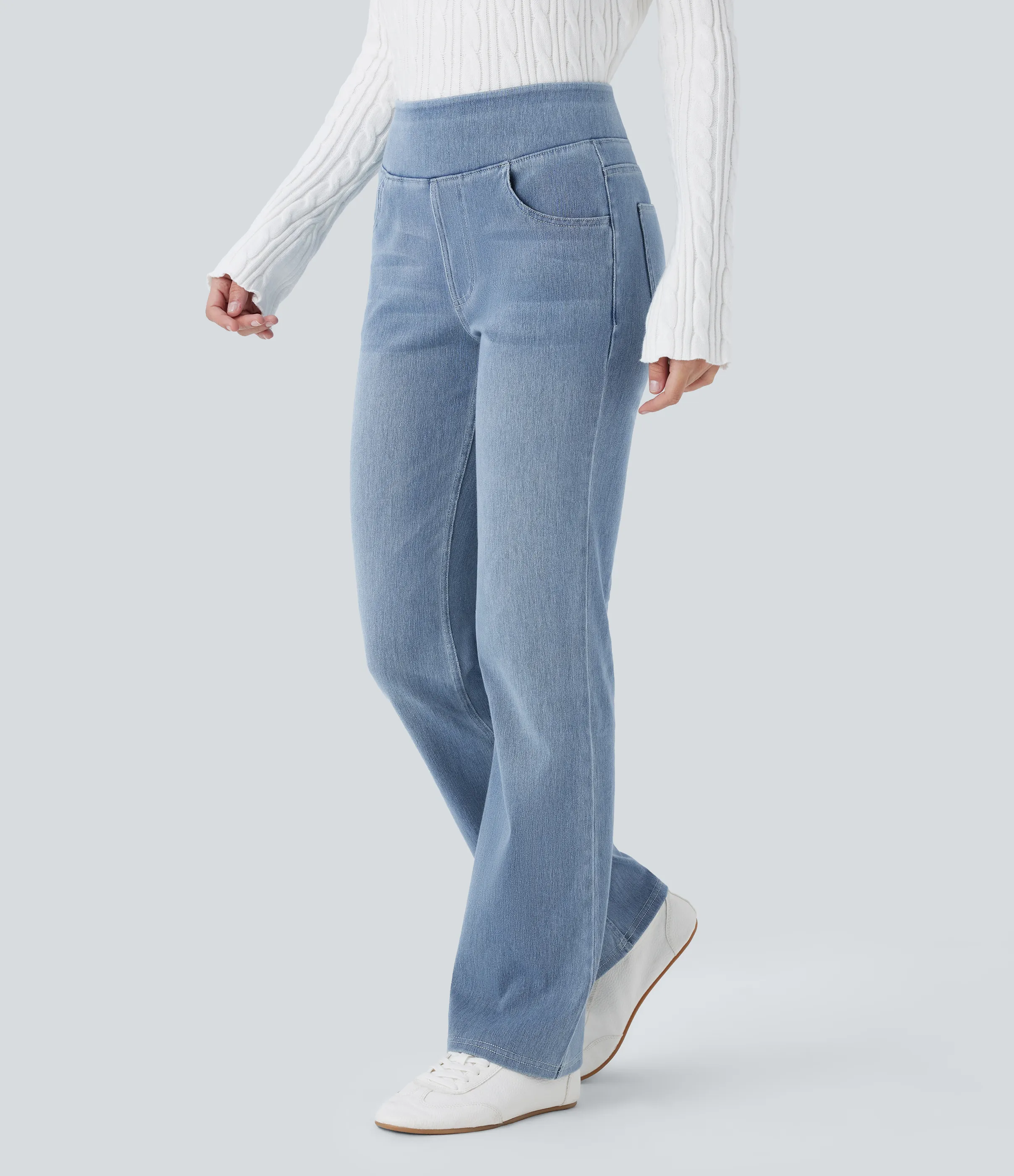 Halara Jeans Halara Flex™ Denim tiro alto lavado elástico múltiple bolsillo corte acampanado - Gray Blue Denim - S(petite) sold by Halara product image thumbnail 4