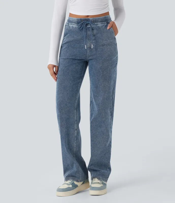 Halara Jeans casuales Halara Flex™ rectos de tiro medio con cordón y bolsillos - Tide Blue Denim - XS(regular) sold by Halara