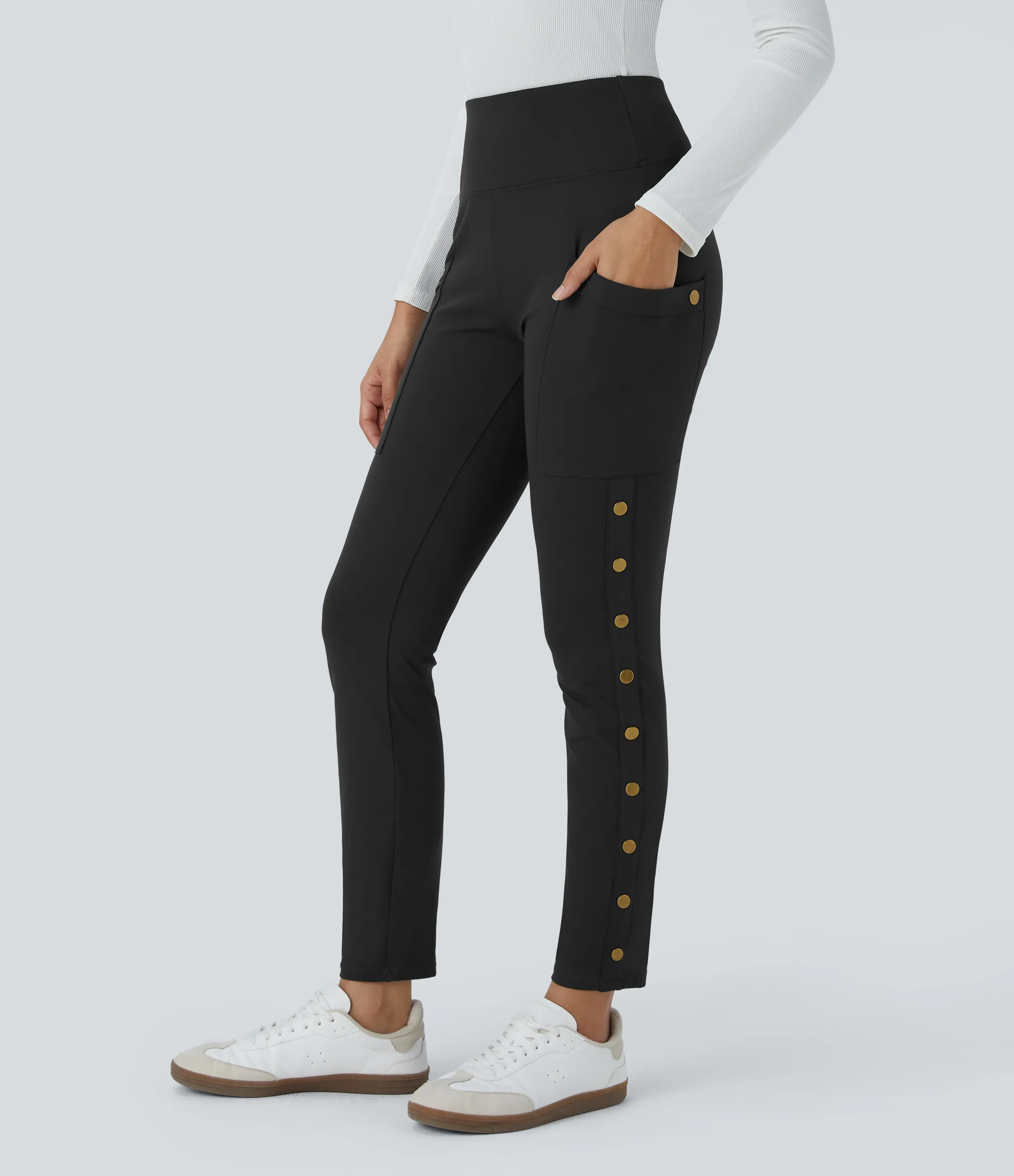Halara Pantalón ajustado hasta tobillo bolsillo lateral botón decorativo tiro alto - Black - XL(regular) sold by Halara product image thumbnail 5