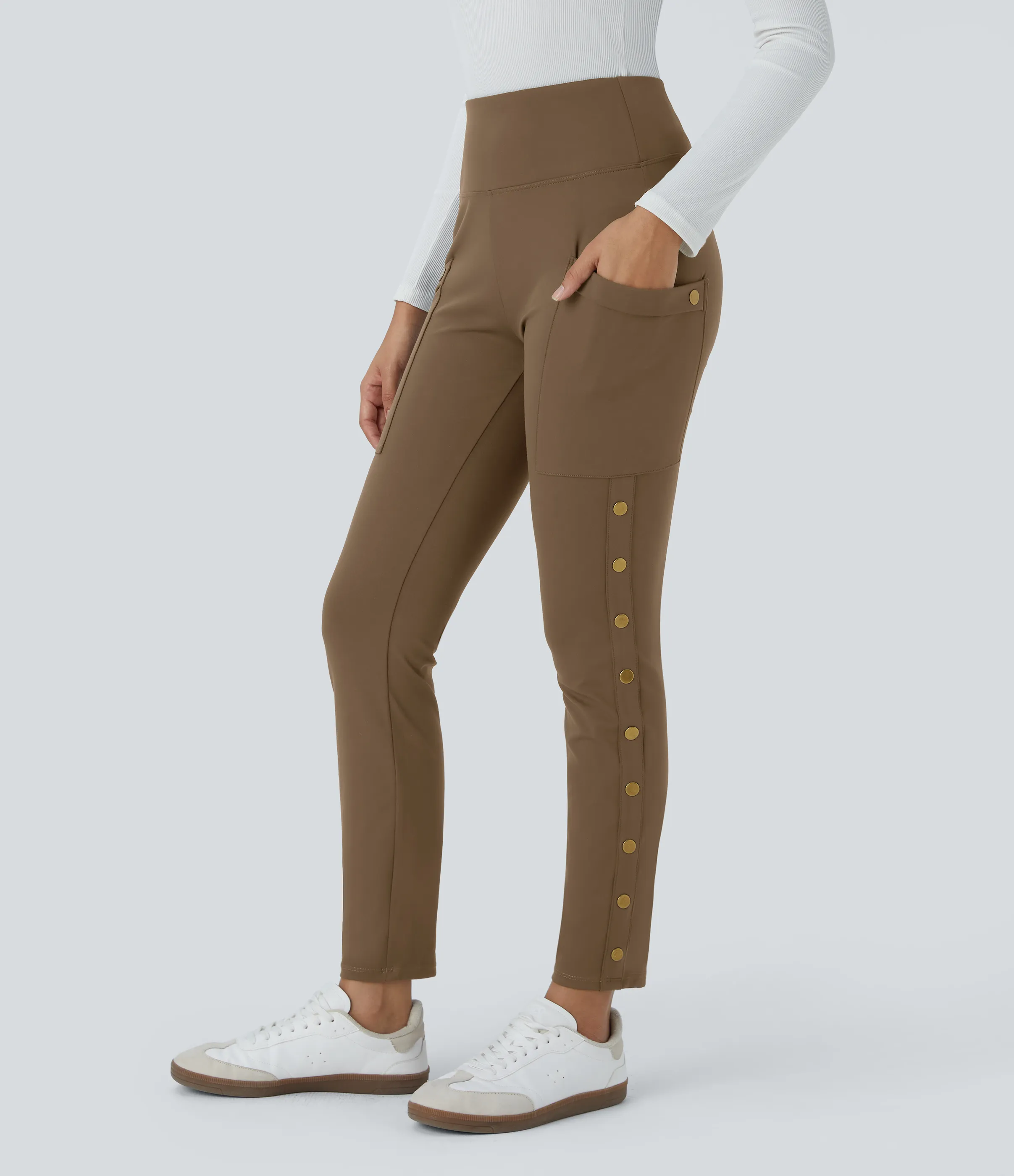 Halara Pantalón ajustado hasta tobillo bolsillo lateral botón decorativo tiro alto - Sepia - M(regular) sold by Halara product image thumbnail 4
