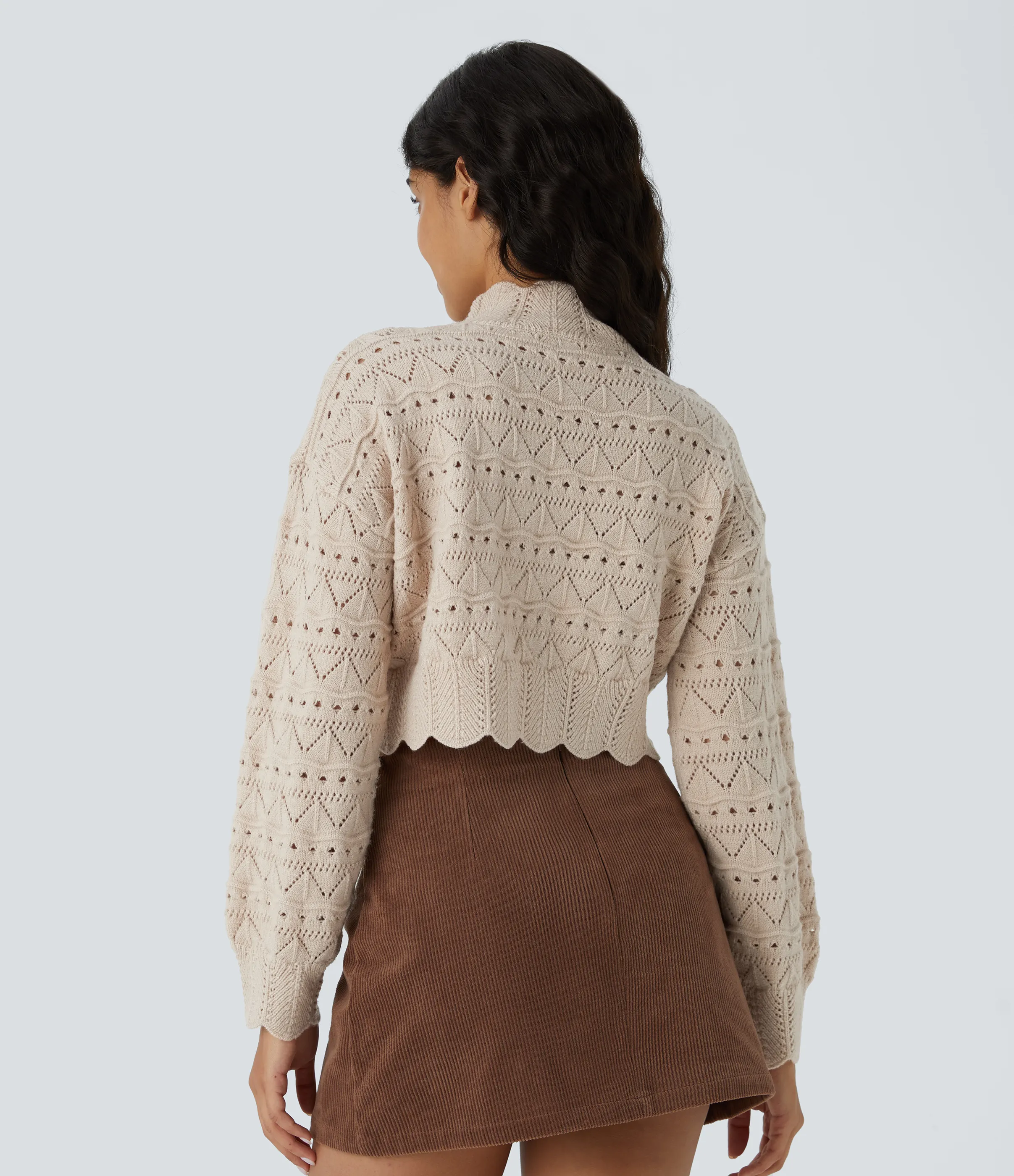 Halara Suéter abierto dobladillo festoneado manga obispo cuello alto - Pumice Stone - XL sold by Halara product image thumbnail 3