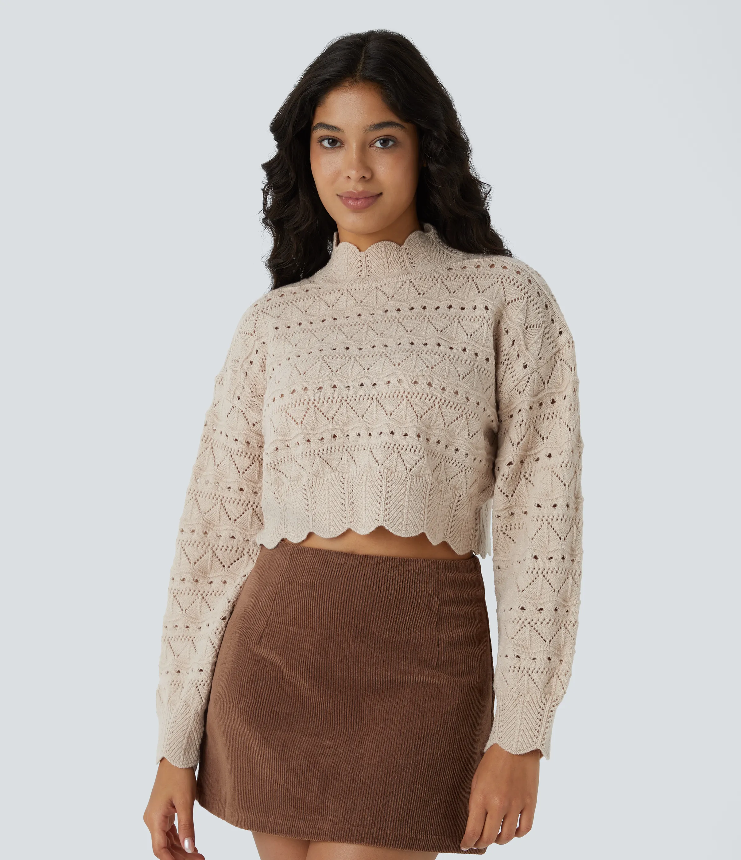 Halara Suéter abierto dobladillo festoneado manga obispo cuello alto - Pumice Stone - XL sold by Halara product image thumbnail 4