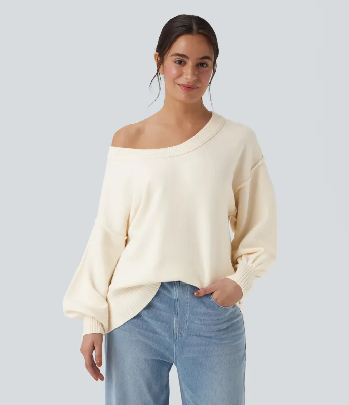 Halara Suéter casual con escote en V de manga larga con hombros caídos y abertura - Gardenia - M sold by Halara