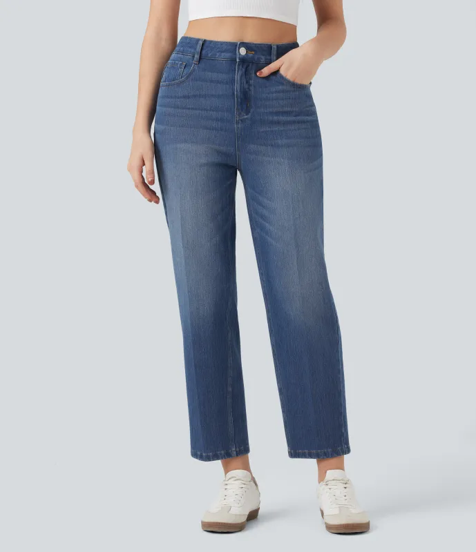 Halara Jeans casuales rectos  Halara Flex™ de tiro alto y bolsillos en largo 7/8 - Tide Blue Denim - XL(regular) sold by Halara