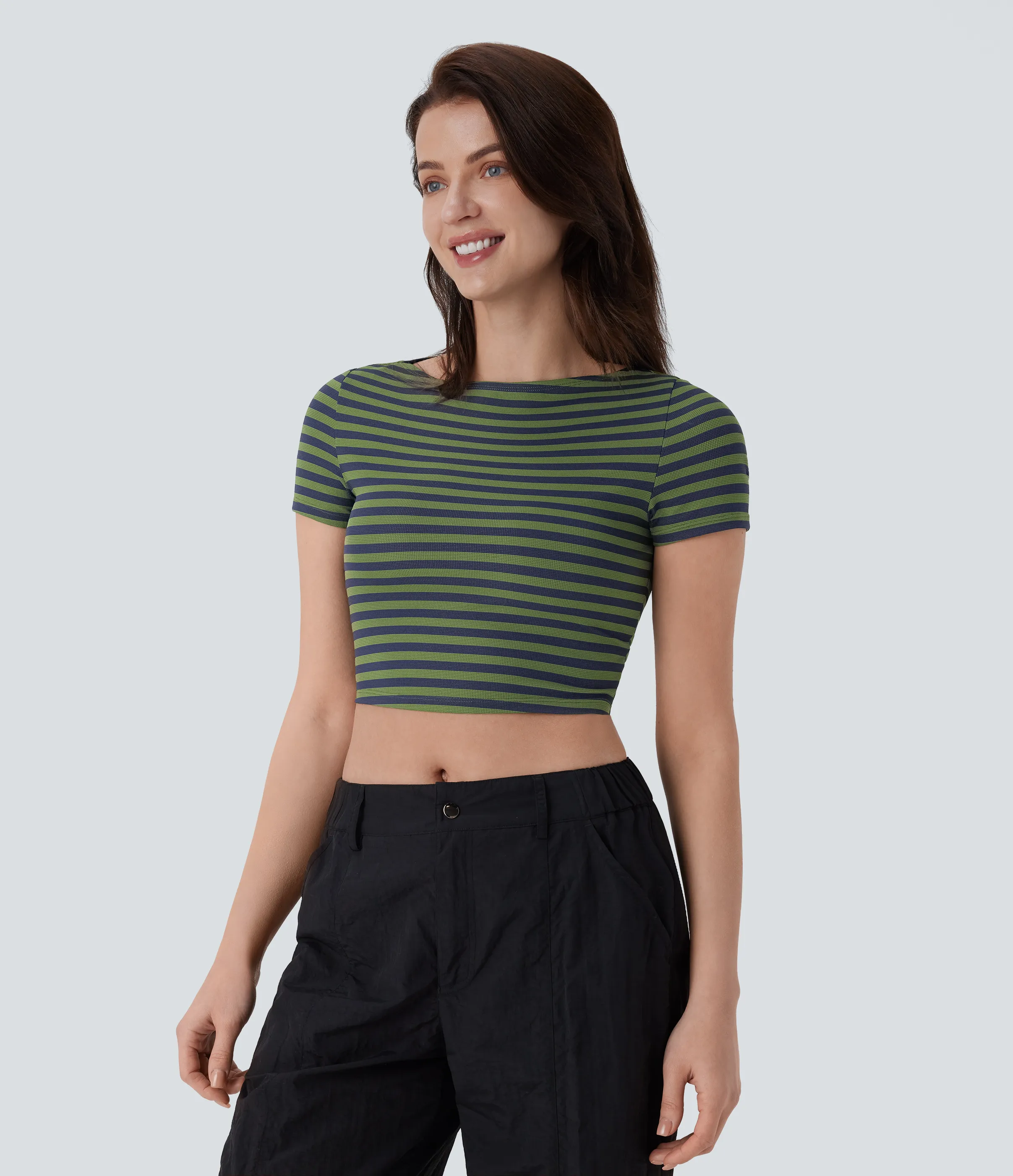 Halara Camiseta oficina cuello barco rayas corte ajustado gofre - Matcha Blue Horizontal Stripe - XS sold by Halara product image thumbnail 4