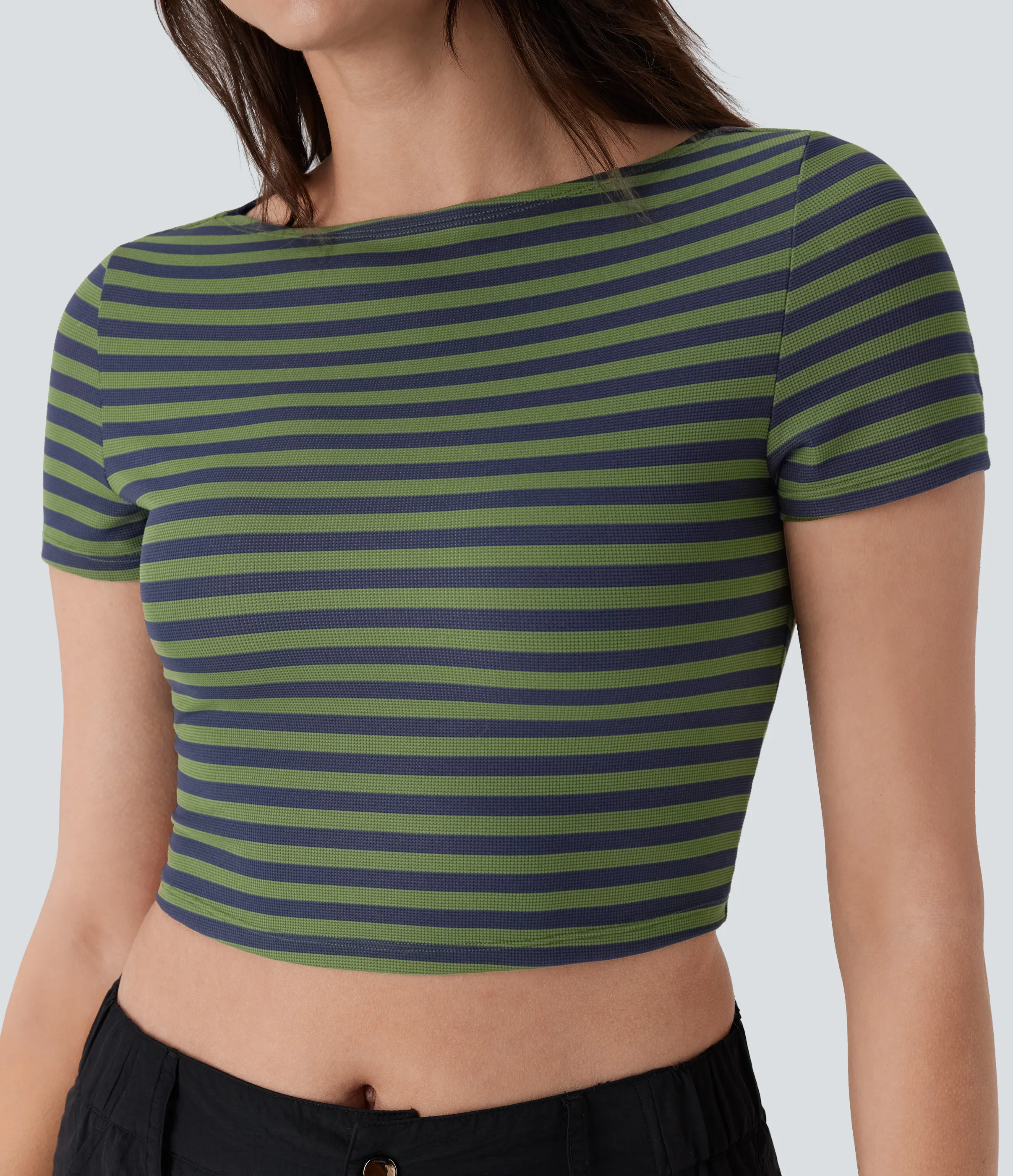 Halara Camiseta oficina cuello barco rayas corte ajustado gofre - Matcha Blue Horizontal Stripe - XS sold by Halara product image thumbnail 5