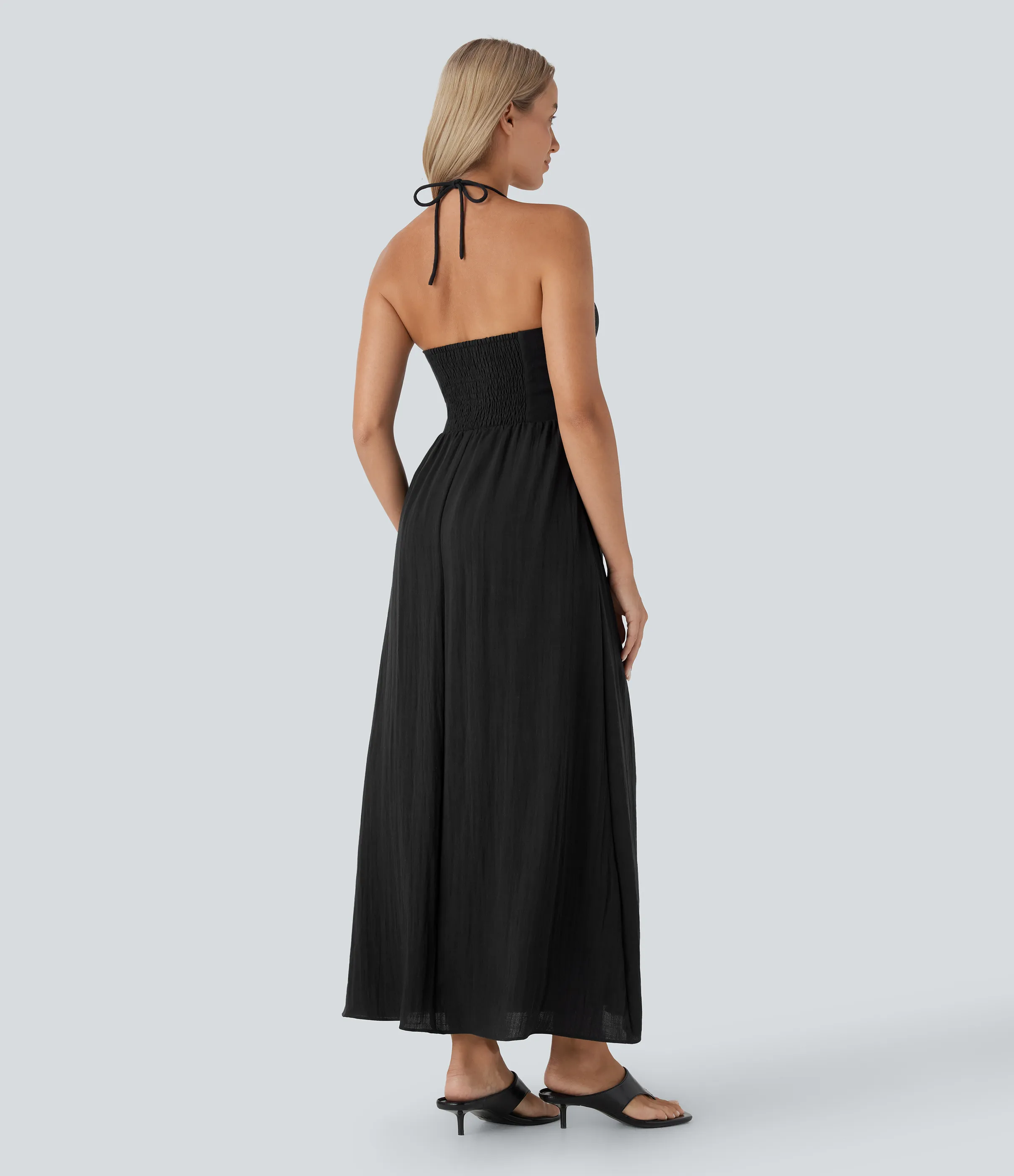 Halara Vestido largo casual de lino con cuello halter, fruncido con espalda abierta y cierre invisible - Black - XS sold by Halara product image thumbnail 2