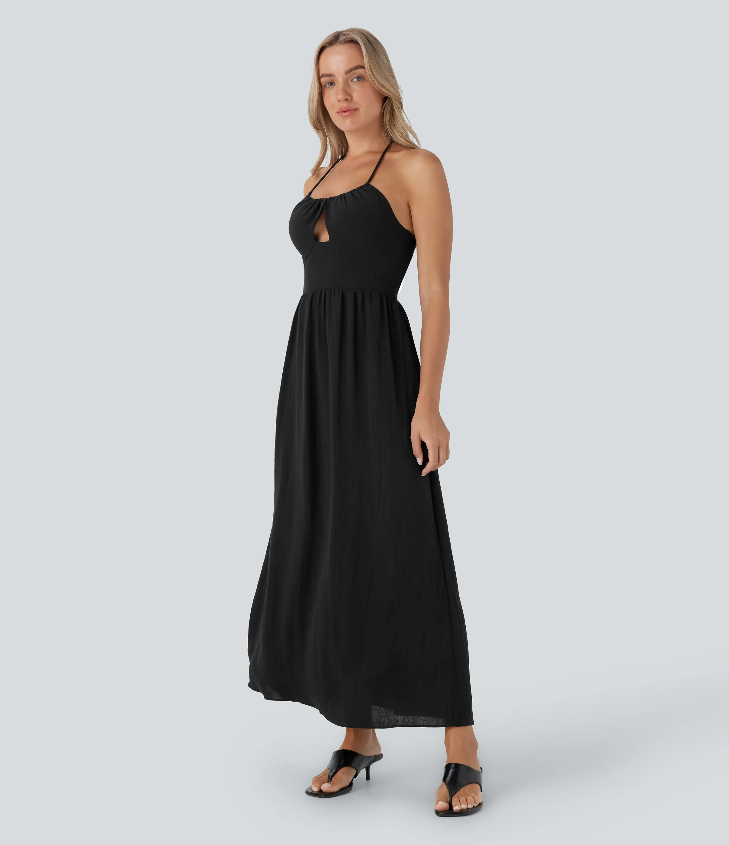 Halara Vestido largo casual de lino con cuello halter, fruncido con espalda abierta y cierre invisible - Black - XS sold by Halara product image thumbnail 4