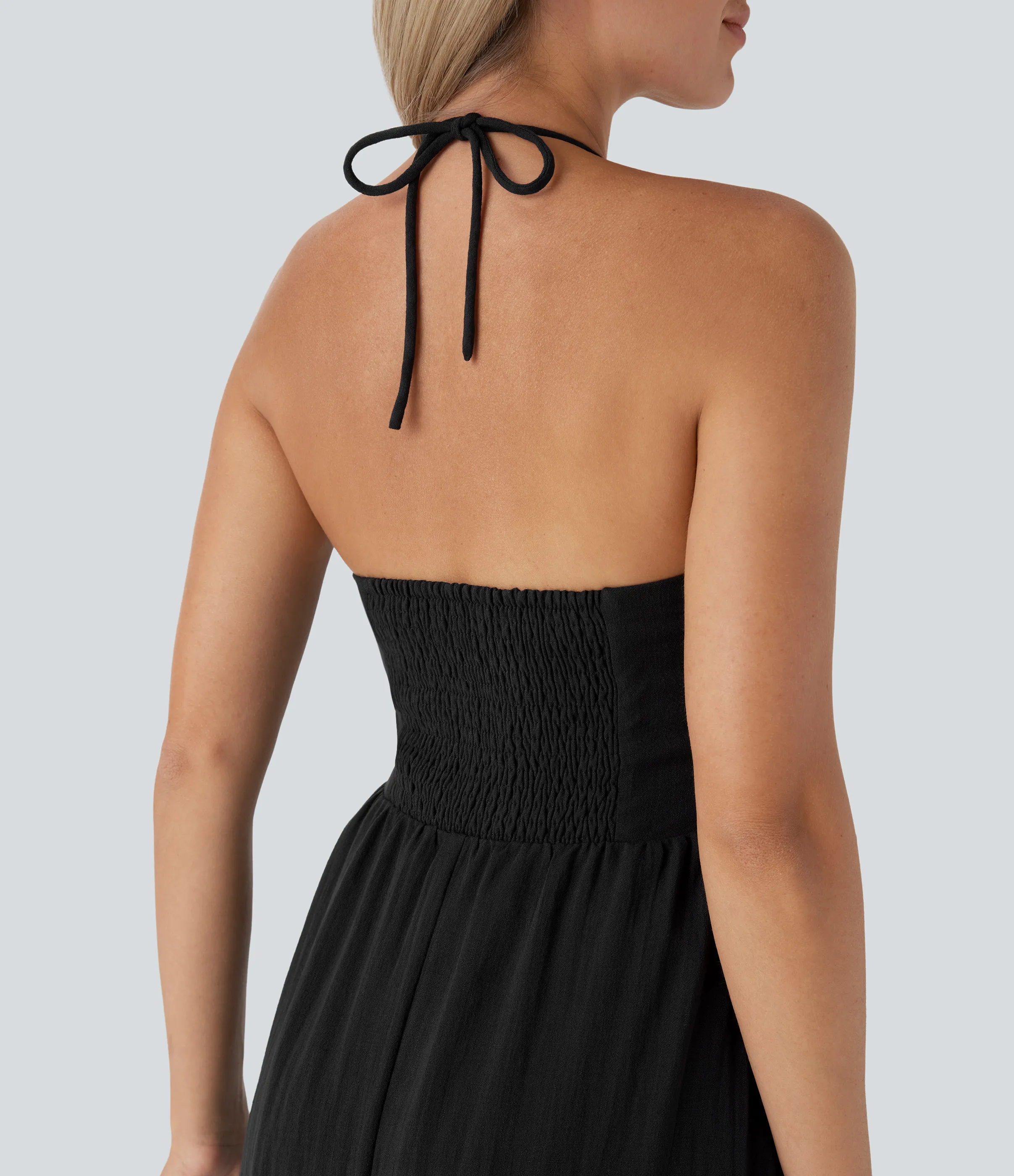 Halara Vestido largo casual de lino con cuello halter, fruncido con espalda abierta y cierre invisible - Black - XS sold by Halara product image thumbnail 5