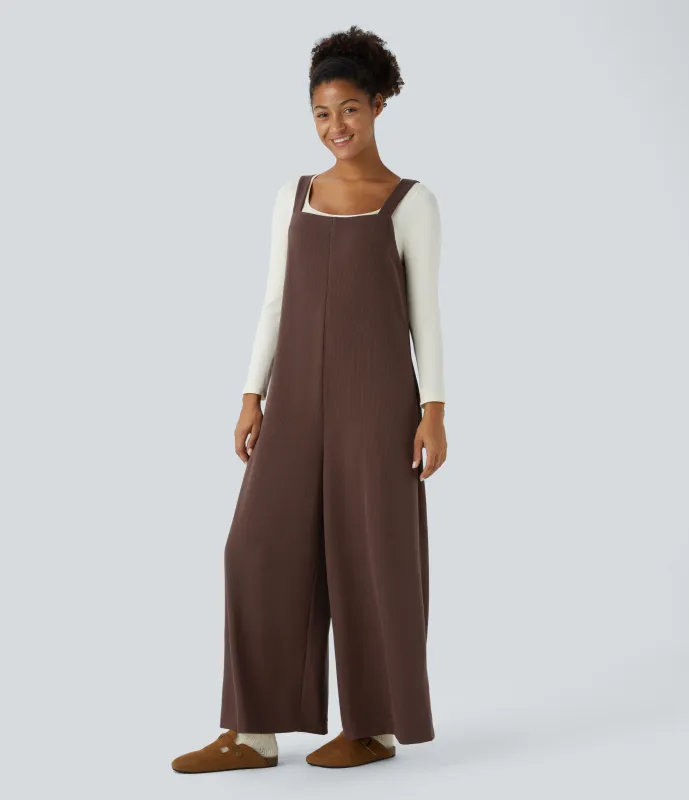 Halara Mono pierna ancha bolsillo lateral sin mangas sin espalda canalé lazo espalda - Chestnut - XL(regular) sold by Halara