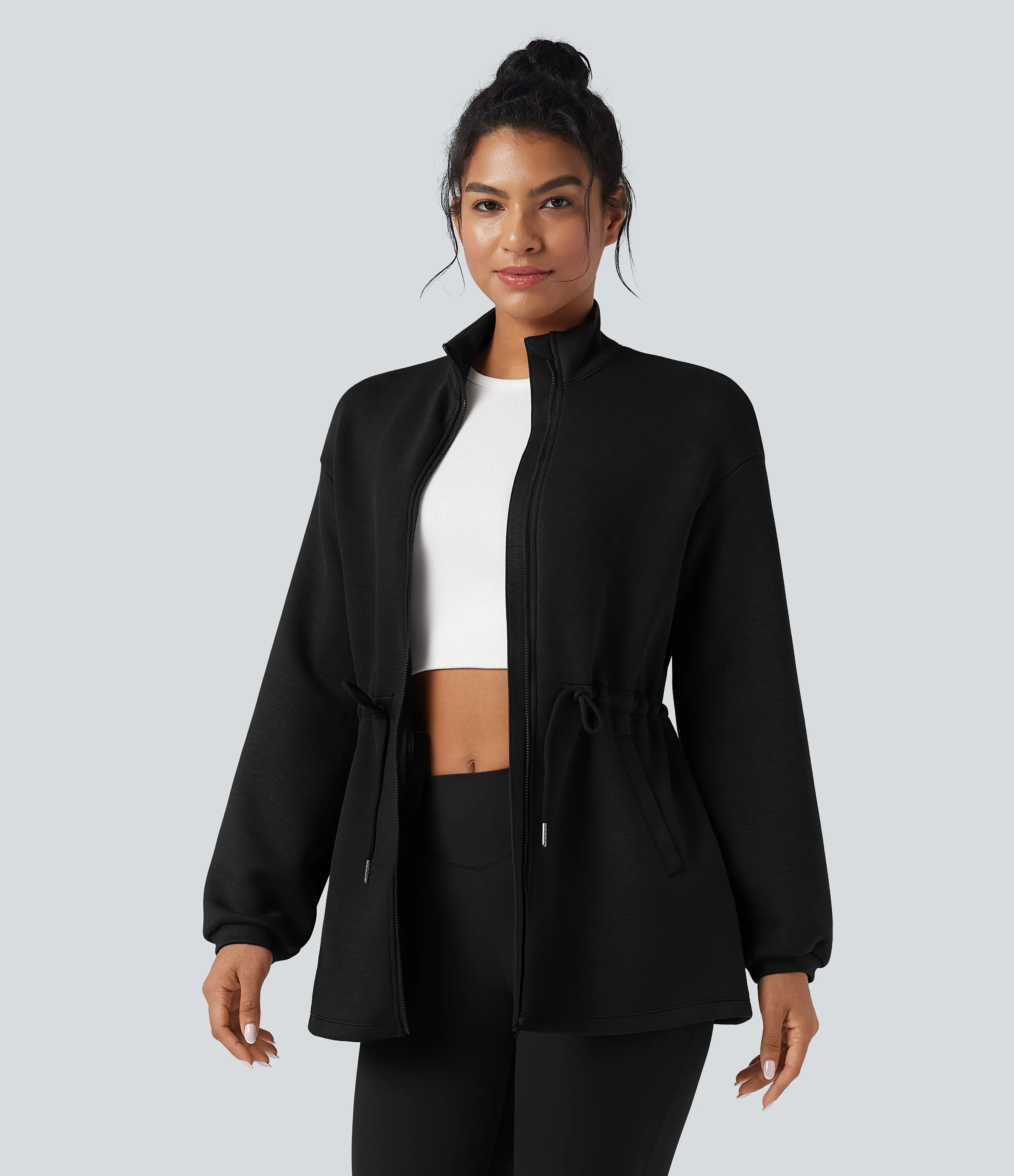 Halara Chamarra casual de cuello alto y manga larga con cordón y bolsillos - Black - L sold by Halara product image thumbnail 2