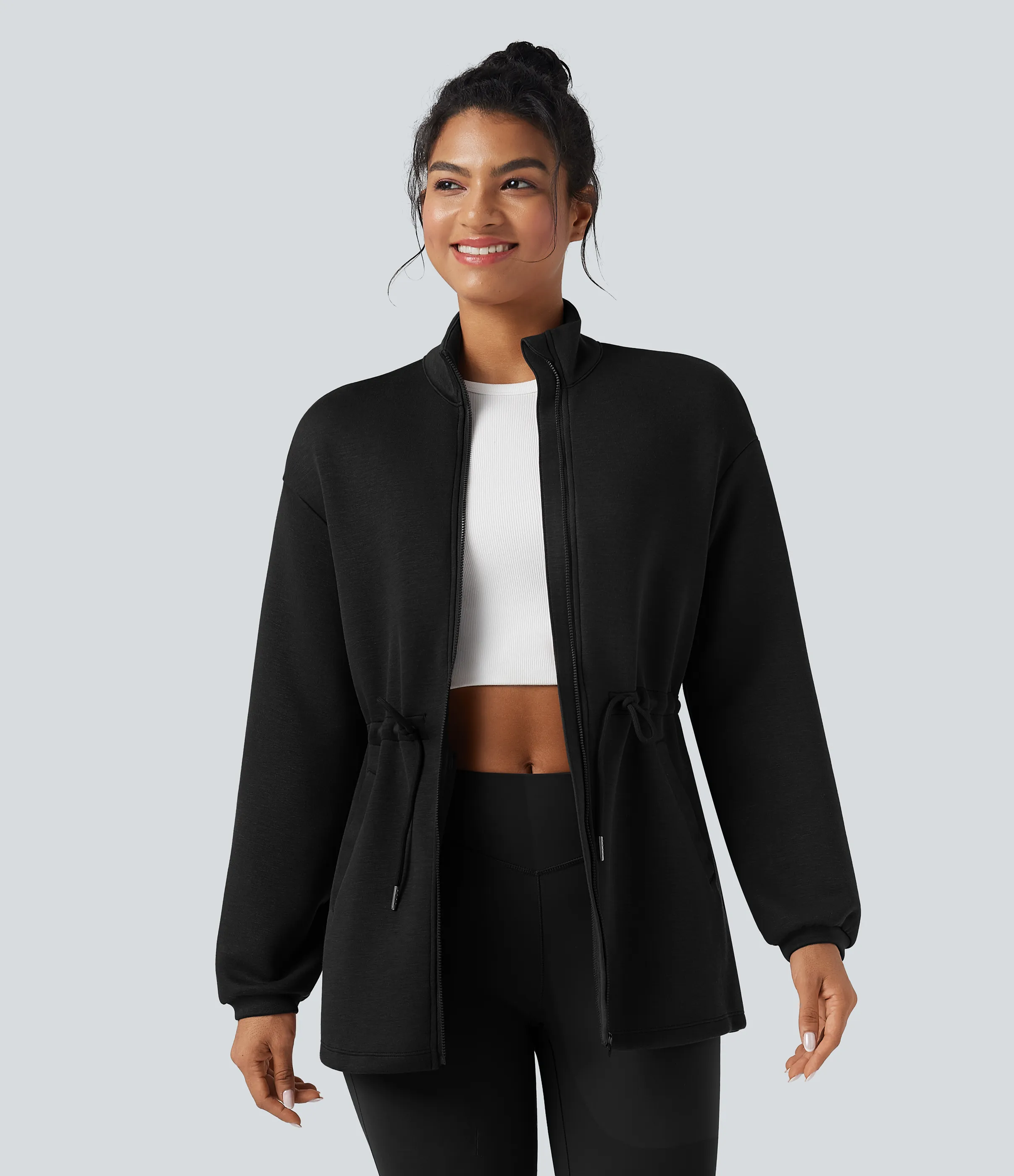 Halara Chamarra casual de cuello alto y manga larga con cordón y bolsillos - Black - L sold by Halara product image thumbnail 4