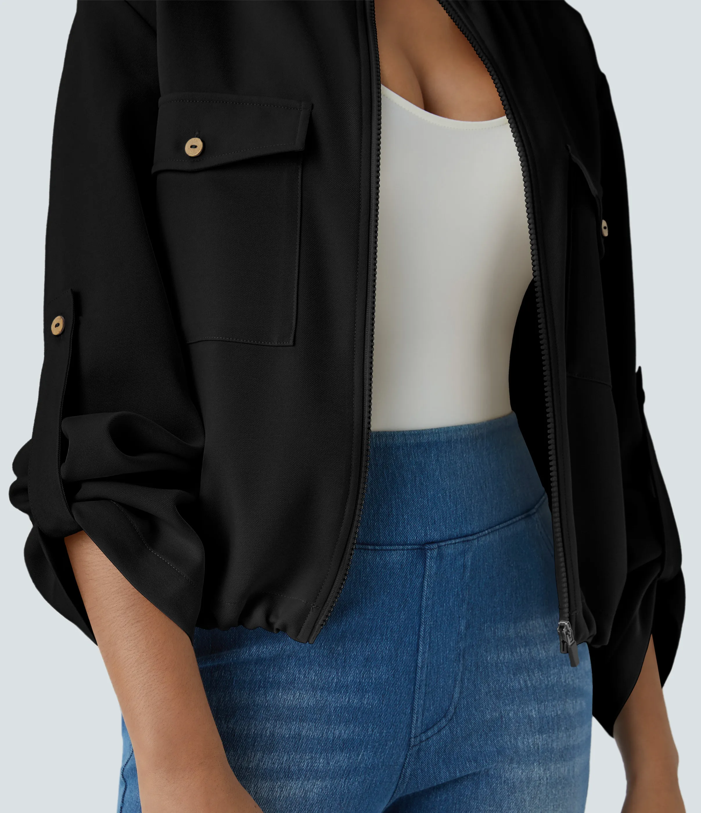 Halara Chaqueta cuello alto manga enrollable bolsillo solapa cordón interior dobladillo cremallera - Black - M sold by Halara product image thumbnail 5