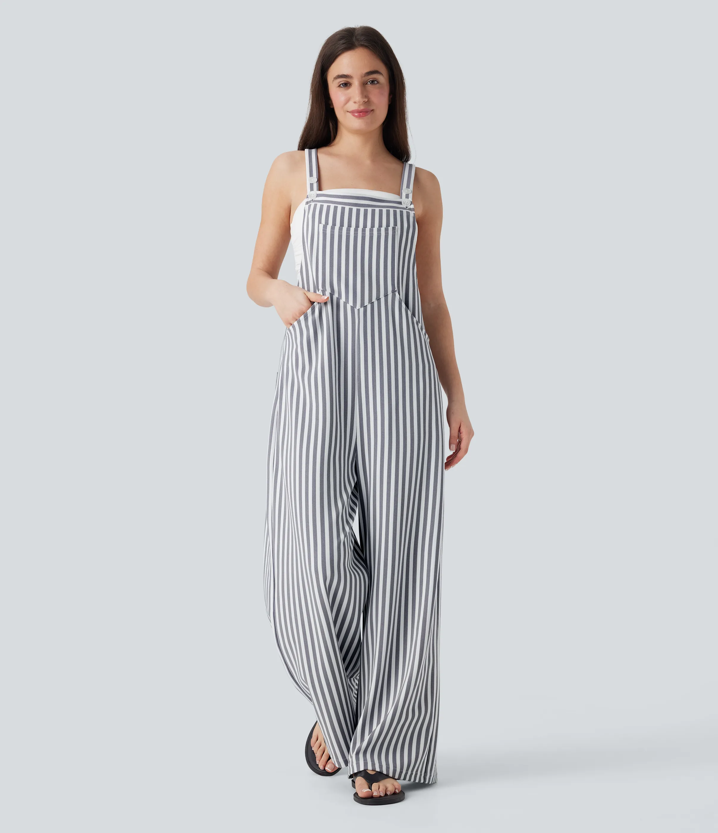 Halara Overol resort gofre raya múltiple bolsillo botón correa ajustable - Stone Stripe - S(regular) sold by Halara product image thumbnail 2