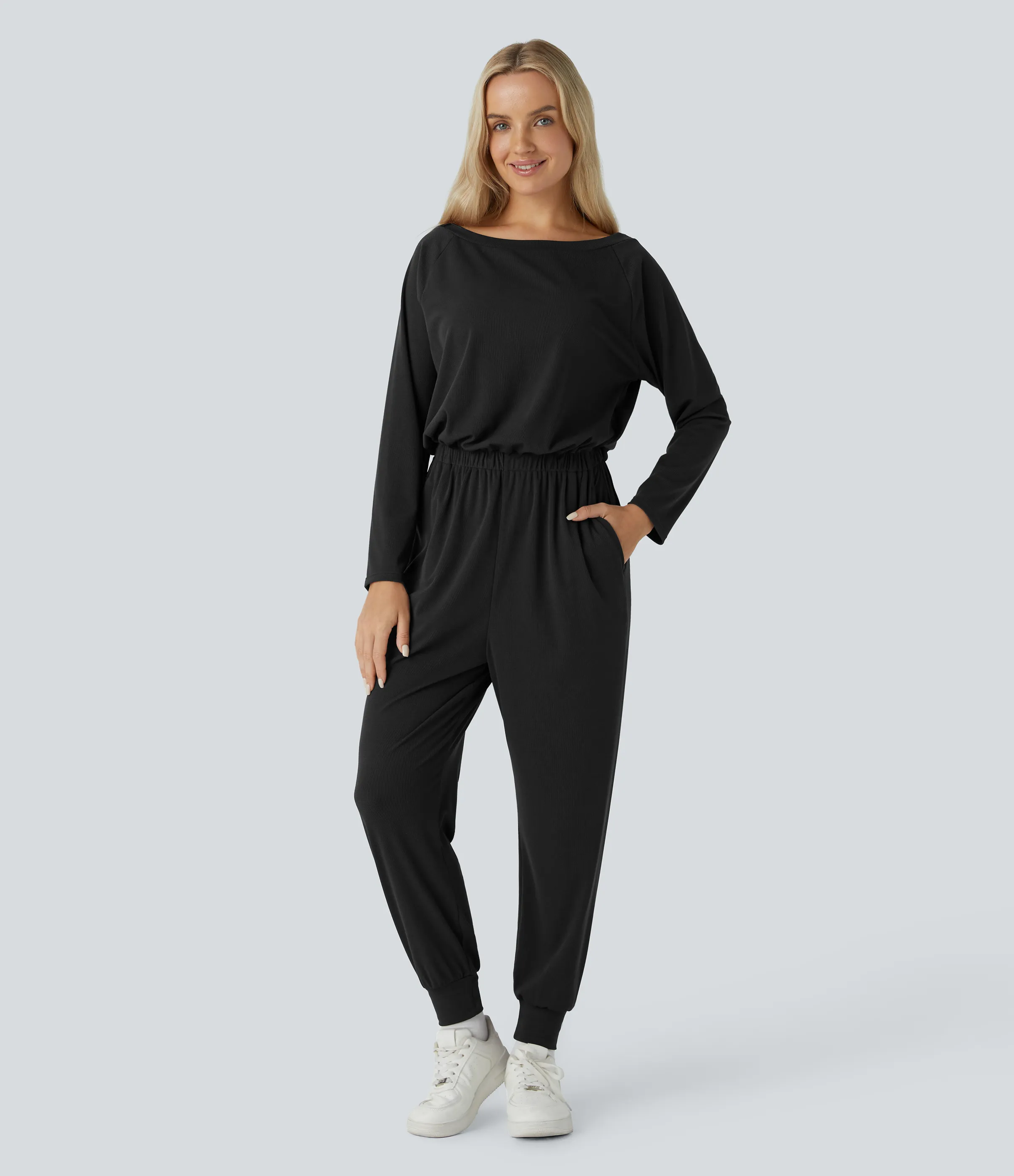 Halara Mono sin hombro manga larga bolsillo lateral plisado gofre - Black - XS(regular) sold by Halara product image thumbnail 4