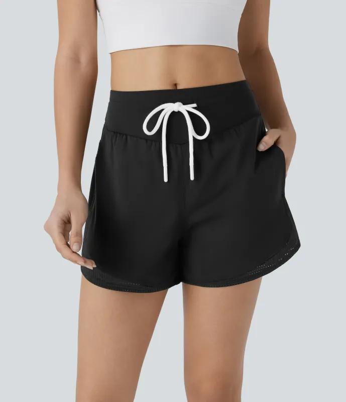 Halara Pantalón corto correr tiro alto cordón ajustable bolsillo lateral corte dobladillo curvo tacto fresco secado rápido 7.5cm - Black - S sold by Halara