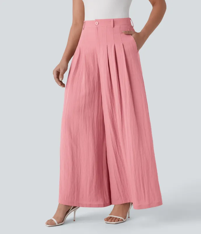 Halara Pantalón oficina holgado lino tiro alto cremallera abotonada bolsillo lateral pierna ancha - Rosette - XL(regular) sold by Halara