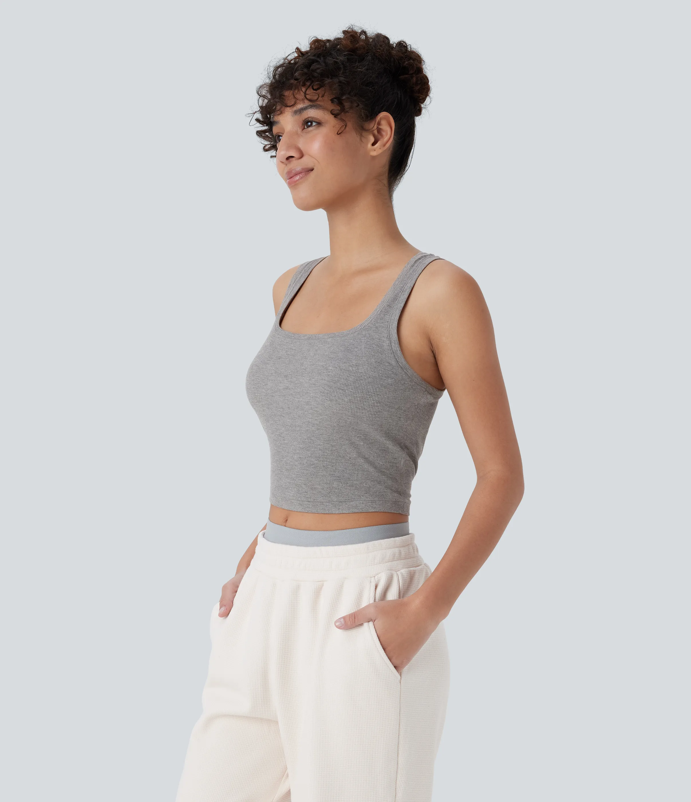 Halara Camiseta sin mangas ajustada cuello U acanalado súper elástica agradable piel - Fog Gray - XL sold by Halara product image thumbnail 4