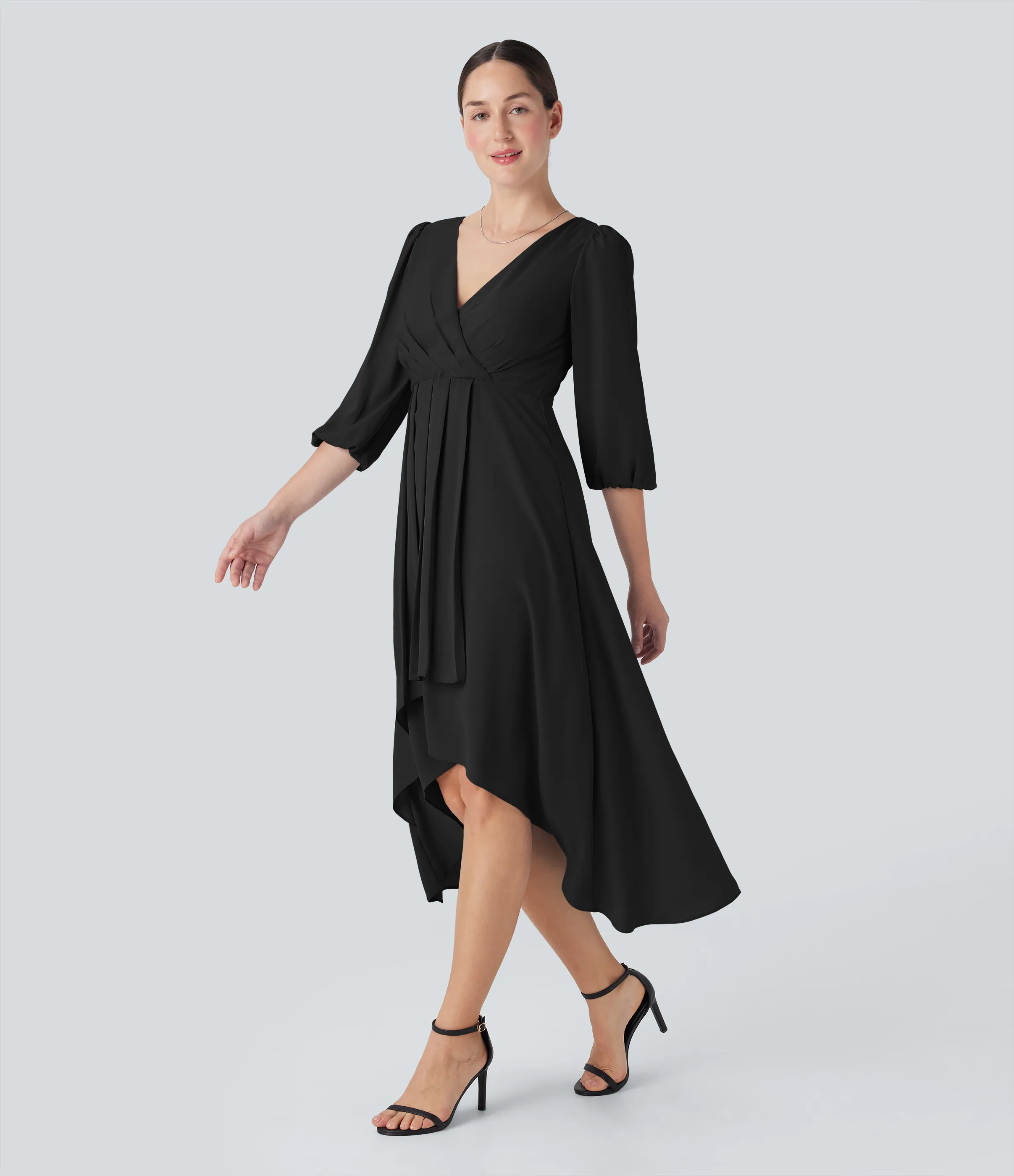 Halara Vestido casual midi plisado con cuello en V y mangas 3/4 - Black - M sold by Halara product image thumbnail 4
