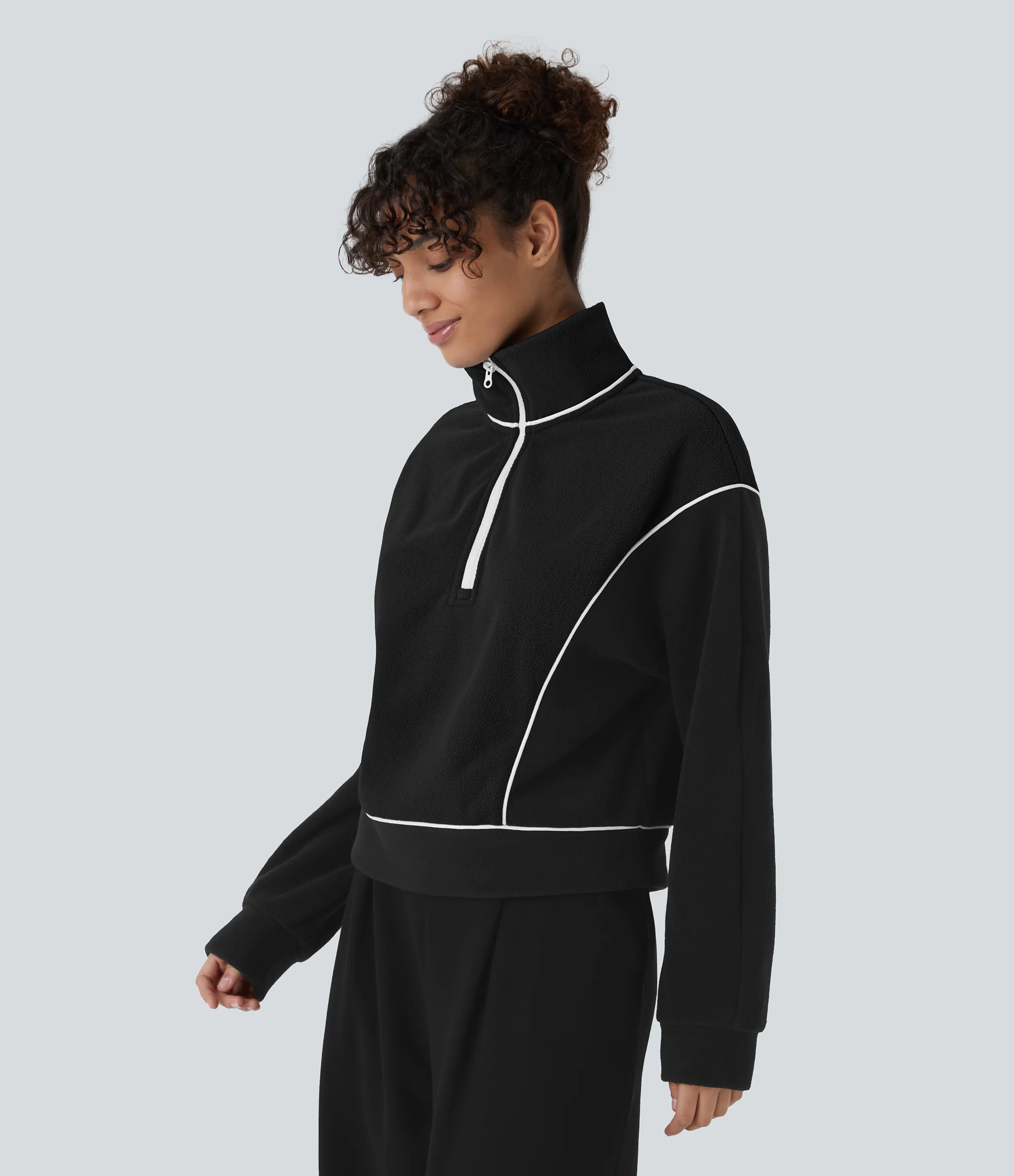 Halara Sudadera polar cuello alto media cremallera manga larga bloque color - Black - L sold by Halara product image thumbnail 4