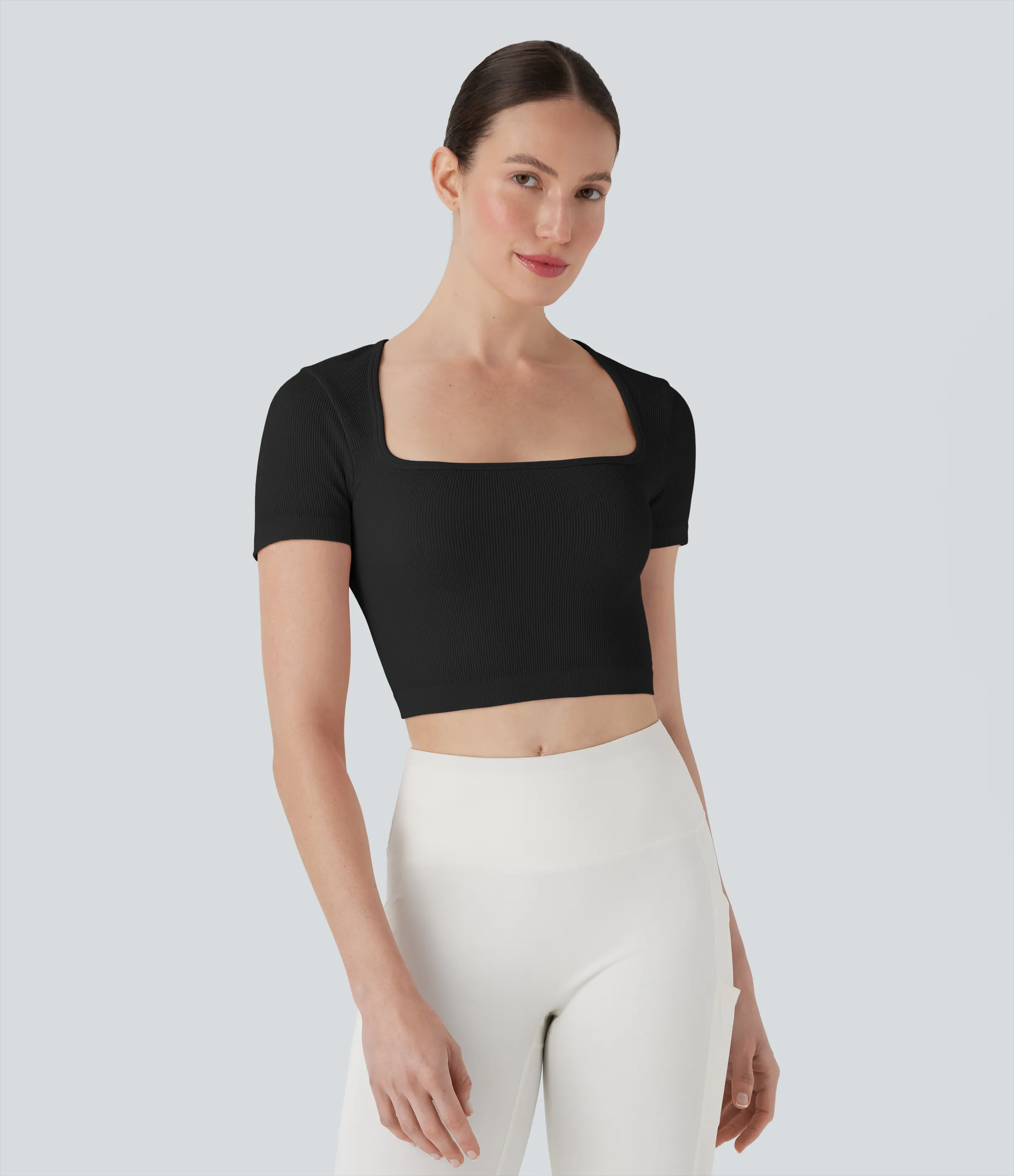 Halara Top deportivo corto de yoga acanalado de manga corta con escote cuadrado - Black - XL sold by Halara