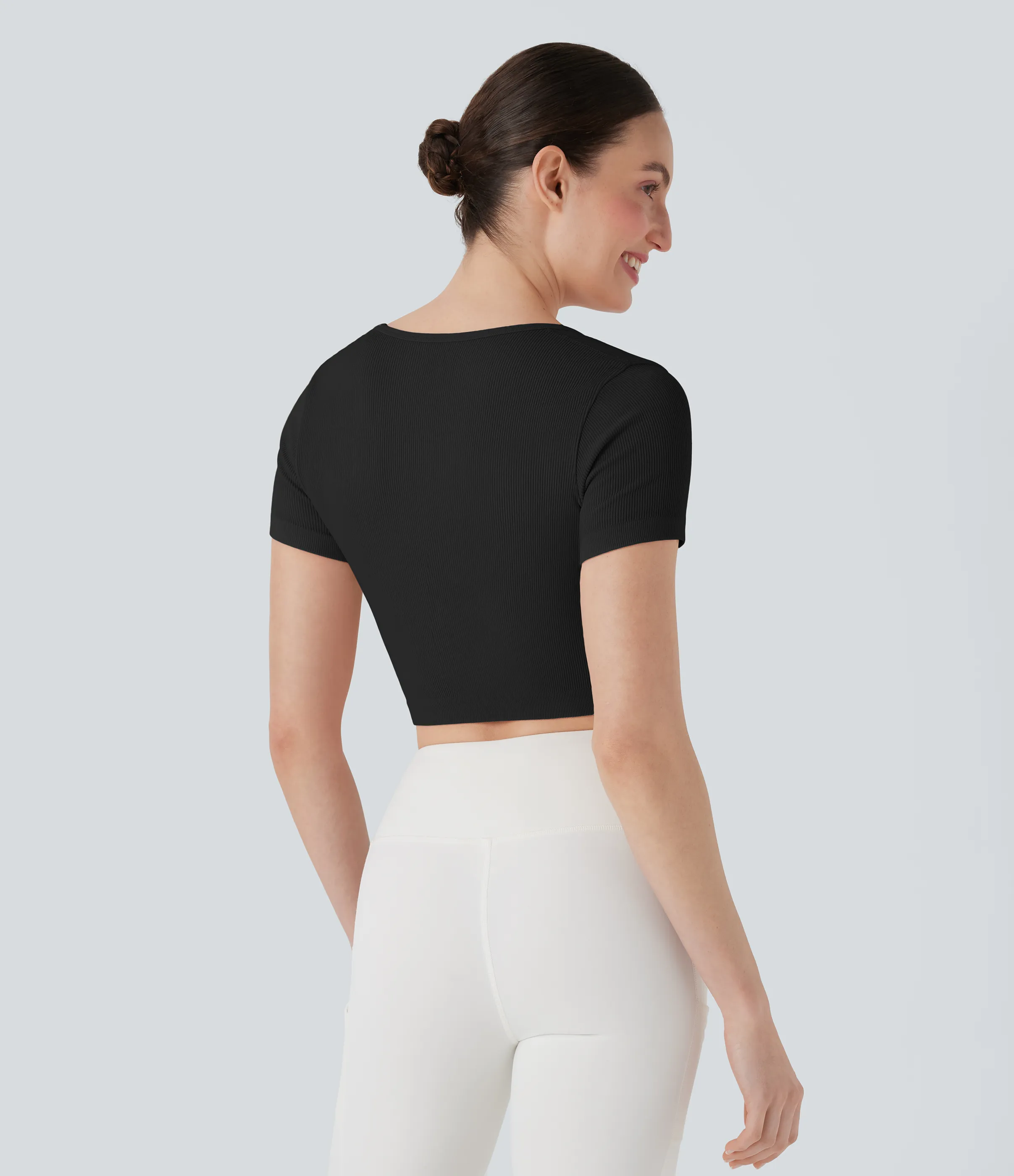 Halara Top deportivo corto de yoga acanalado de manga corta con escote cuadrado - Black - XL sold by Halara product image thumbnail 3