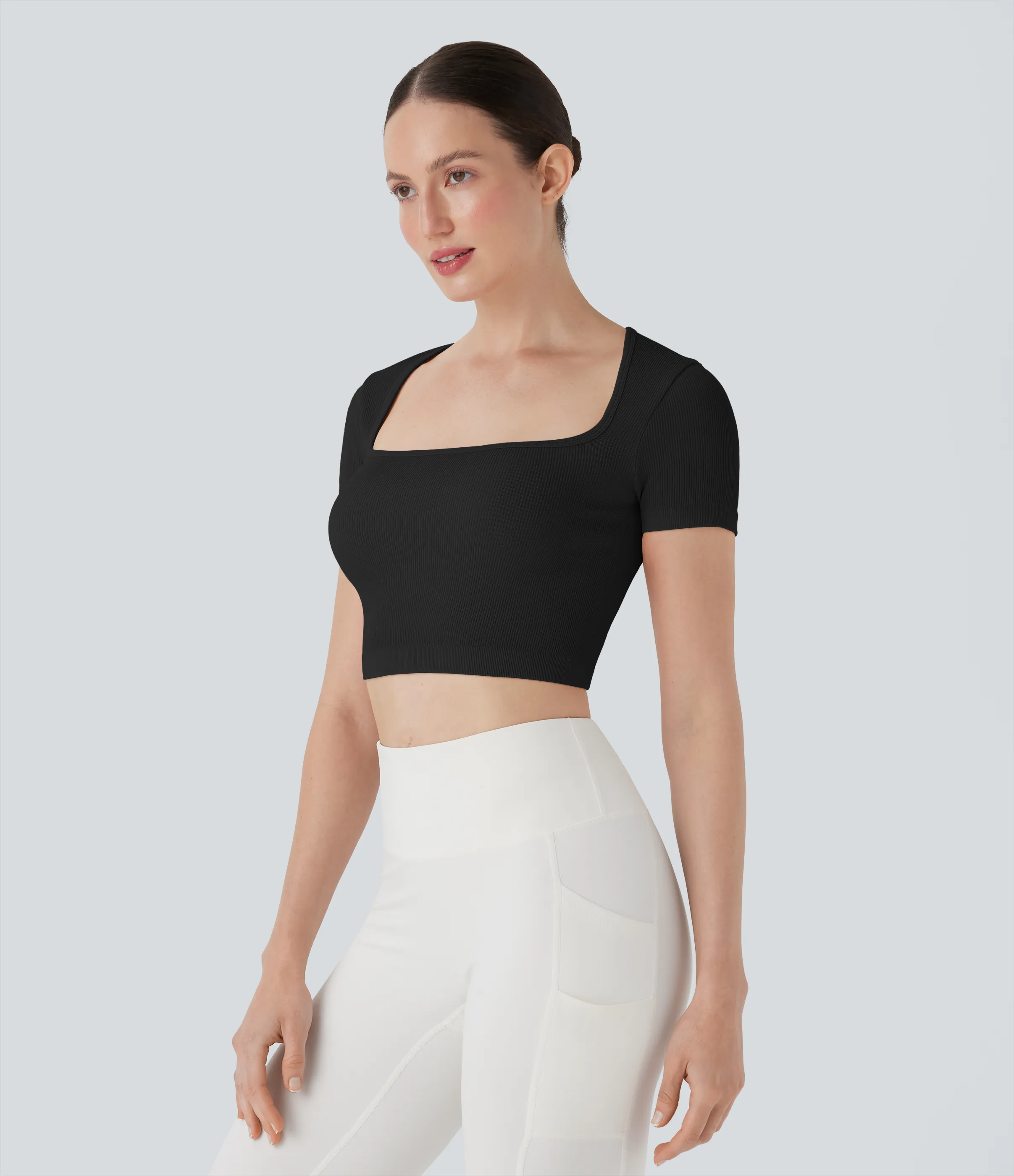 Halara Top deportivo corto de yoga acanalado de manga corta con escote cuadrado - Black - XL sold by Halara product image thumbnail 4