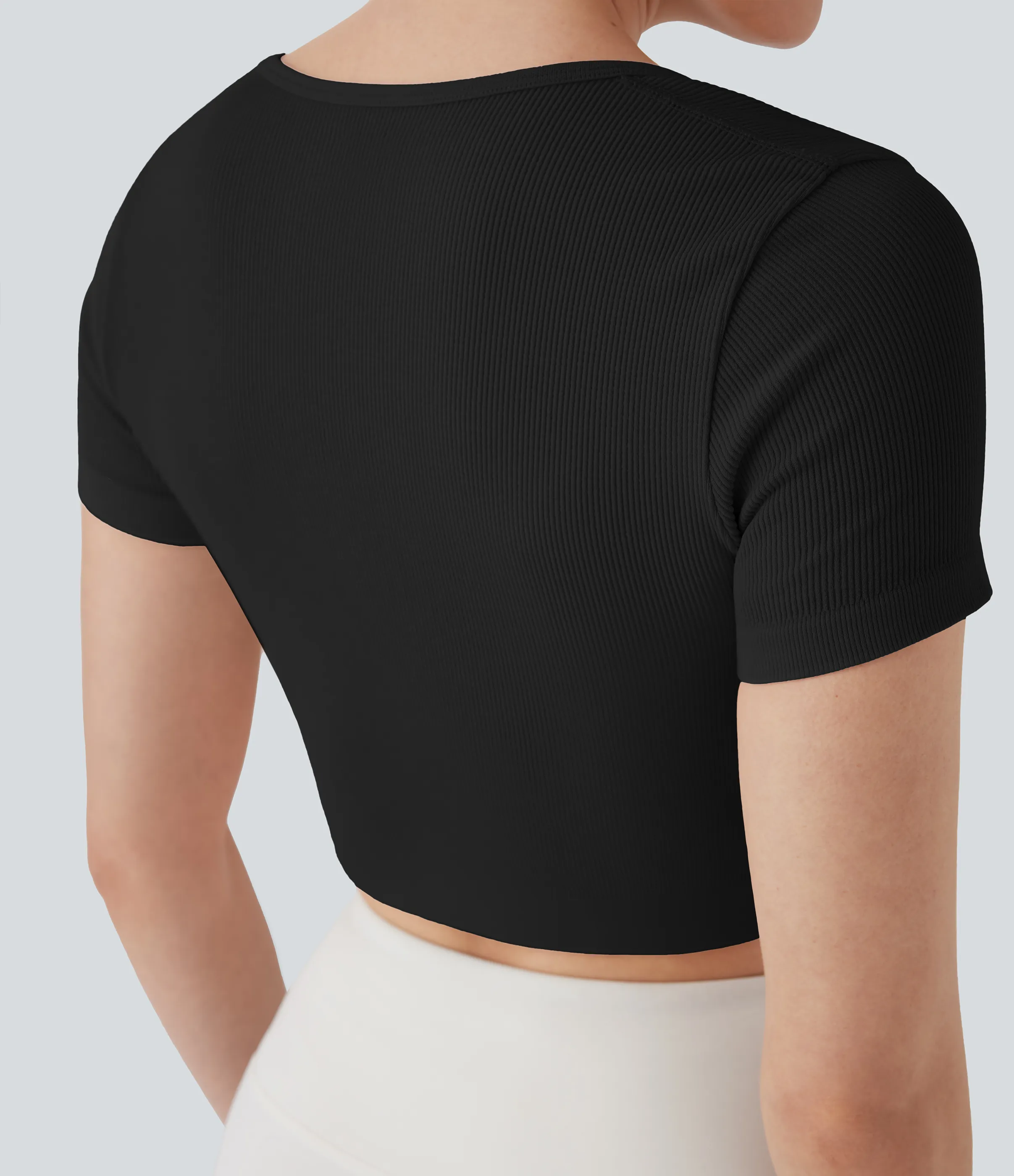 Halara Top deportivo corto de yoga acanalado de manga corta con escote cuadrado - Black - XL sold by Halara product image thumbnail 5