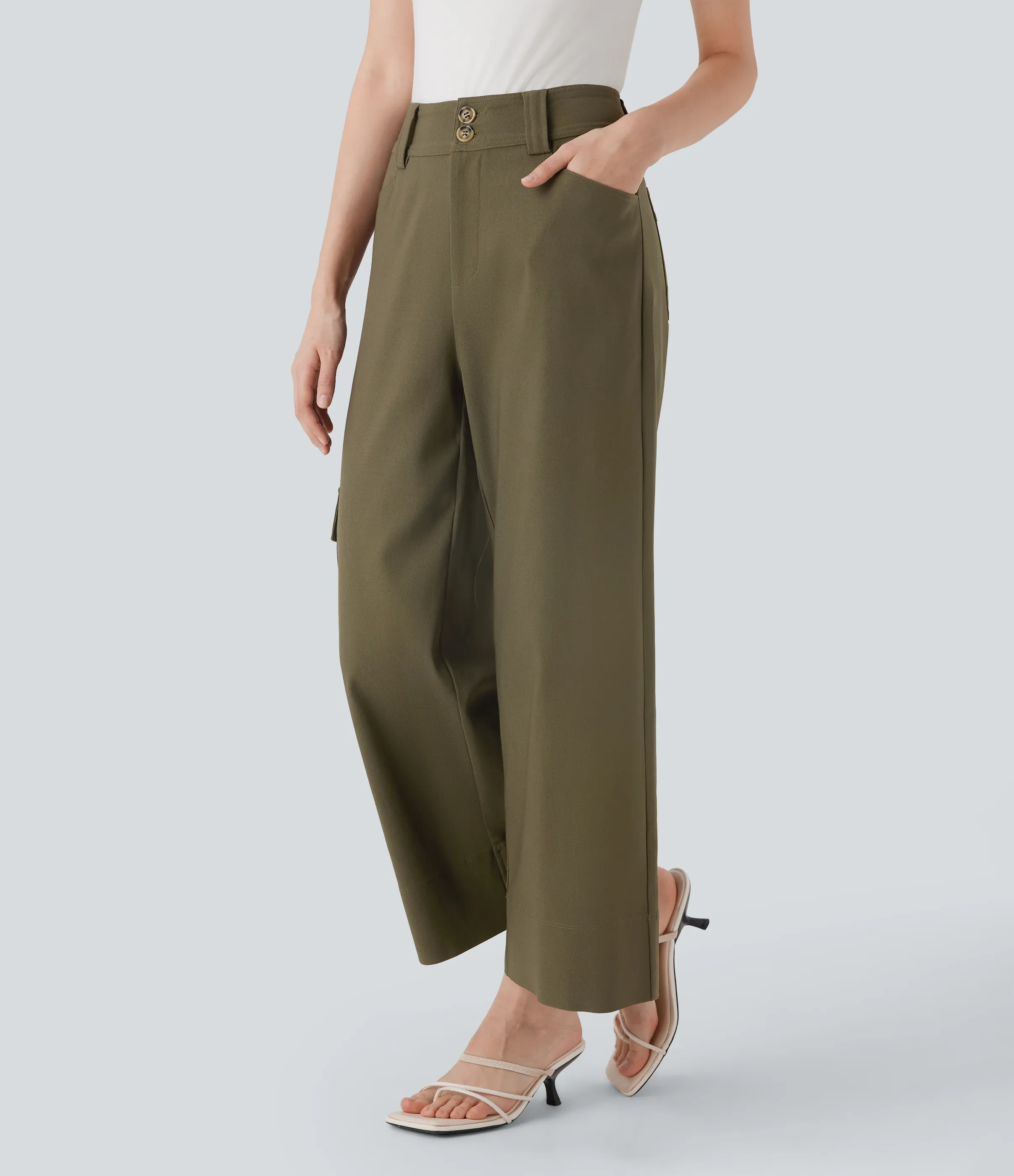 Halara Pantalones cargo anchos de oficina de tiro alto con múltiples bolsillos - Deep Drape Green - XS(regular) sold by Halara
