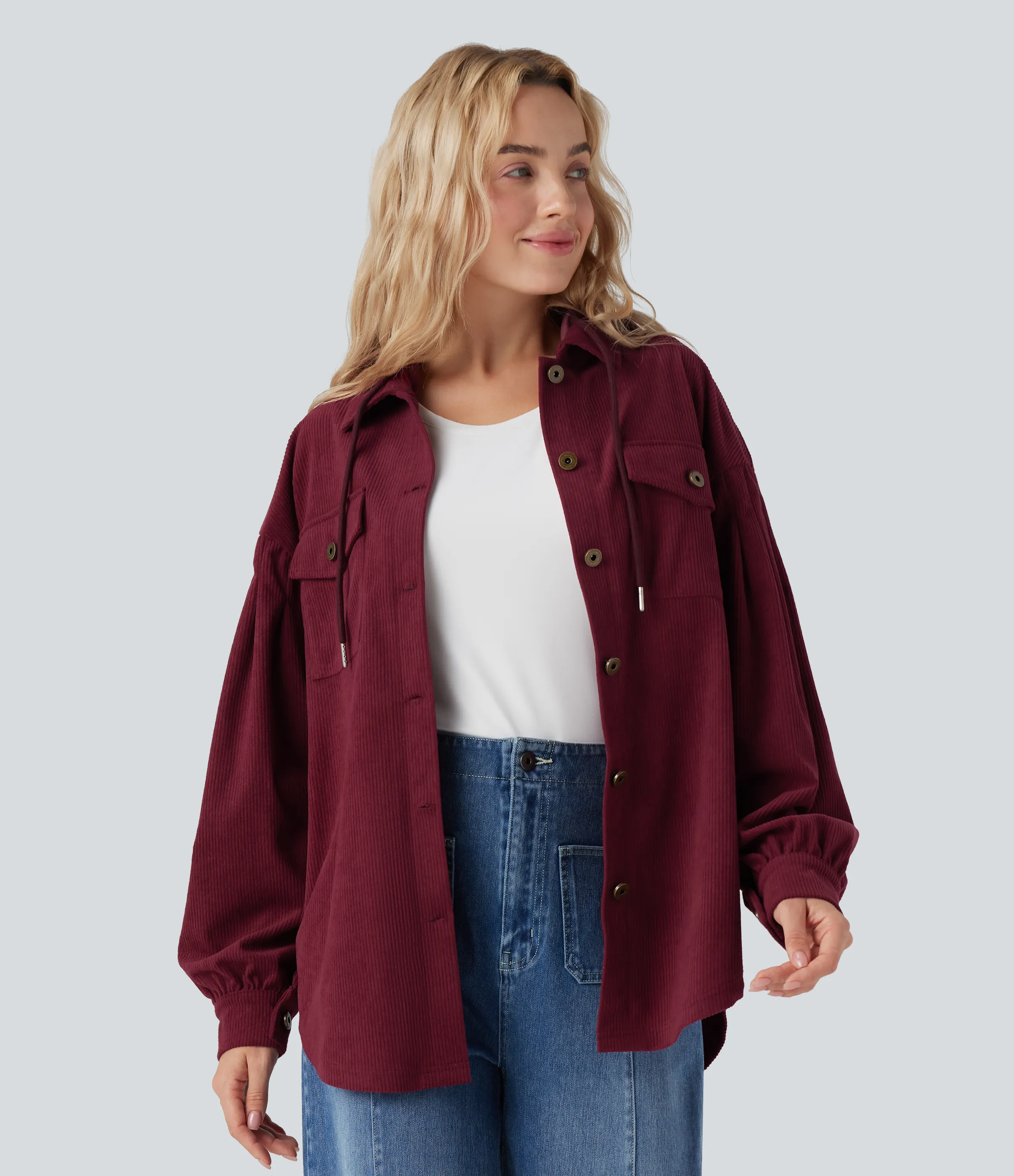 Halara Chaqueta casual de pana de manga larga con capucha, cordón y bolsillos - Pomegranate - XS sold by Halara