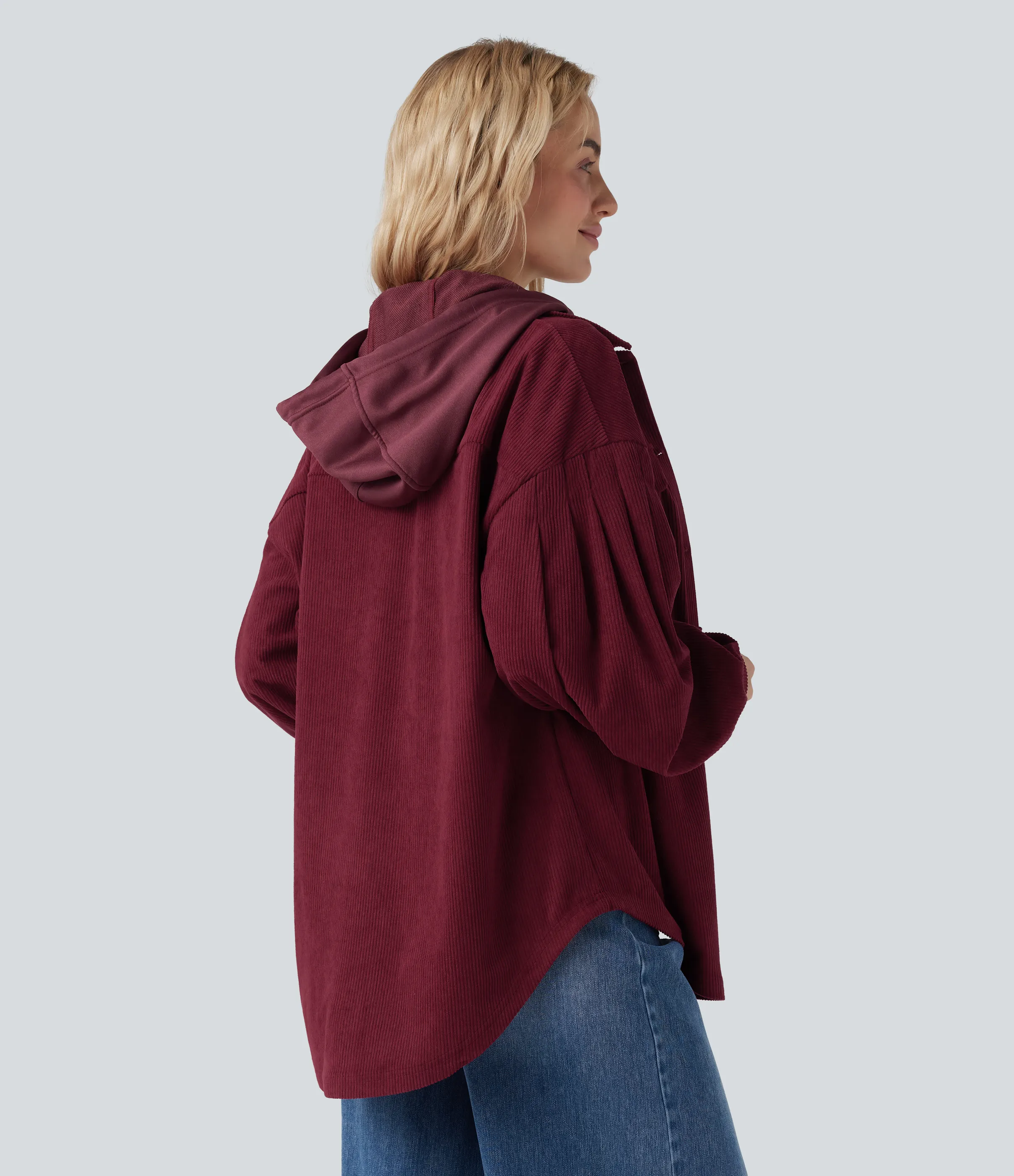 Halara Chaqueta casual de pana de manga larga con capucha, cordón y bolsillos - Pomegranate - XS sold by Halara product image thumbnail 3