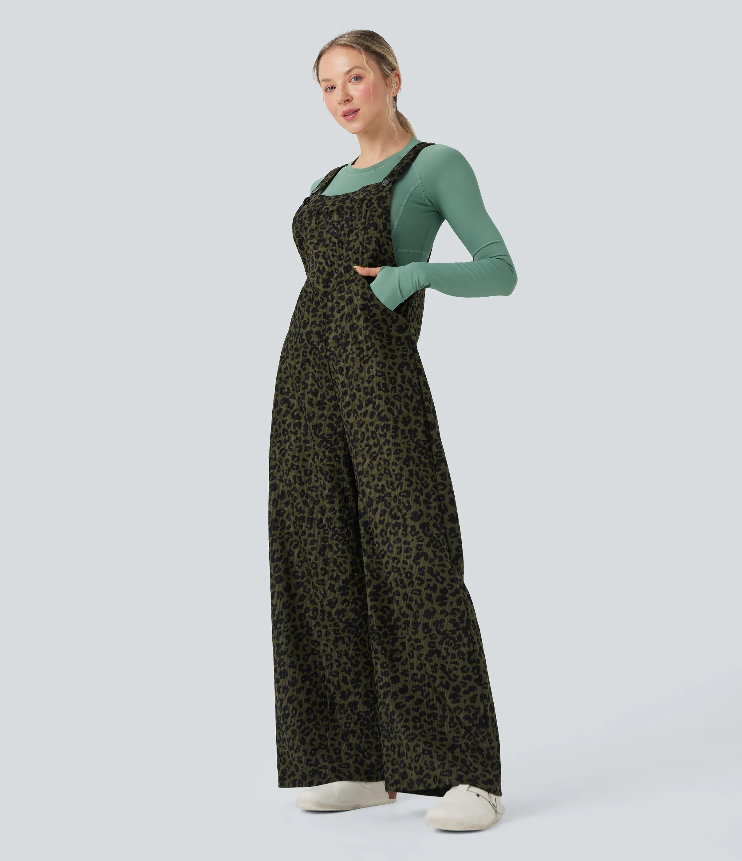 Halara Jumpsuit casual holgado de pana con estampado de leopardo y bolsillos - Gray Leopard Denim - XL(regular) sold by Halara product image thumbnail 5