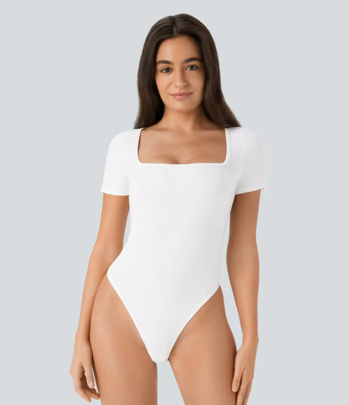 Halara Body oficina ajustado botón manga corta cuello cuadrado punto acanalado - White - XL sold by Halara