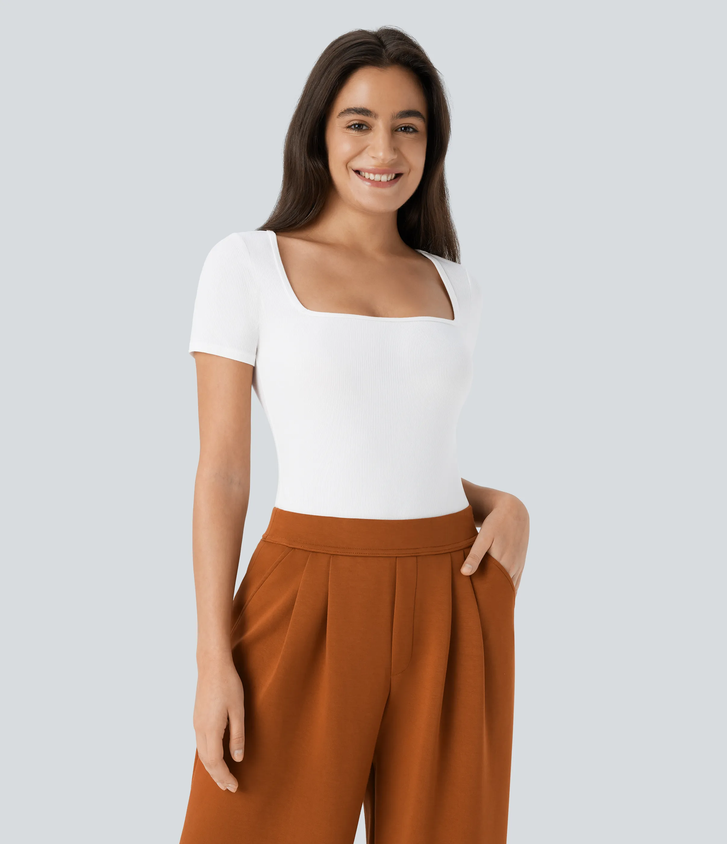 Halara Body oficina ajustado botón manga corta cuello cuadrado punto acanalado - White - XL sold by Halara product image thumbnail 3