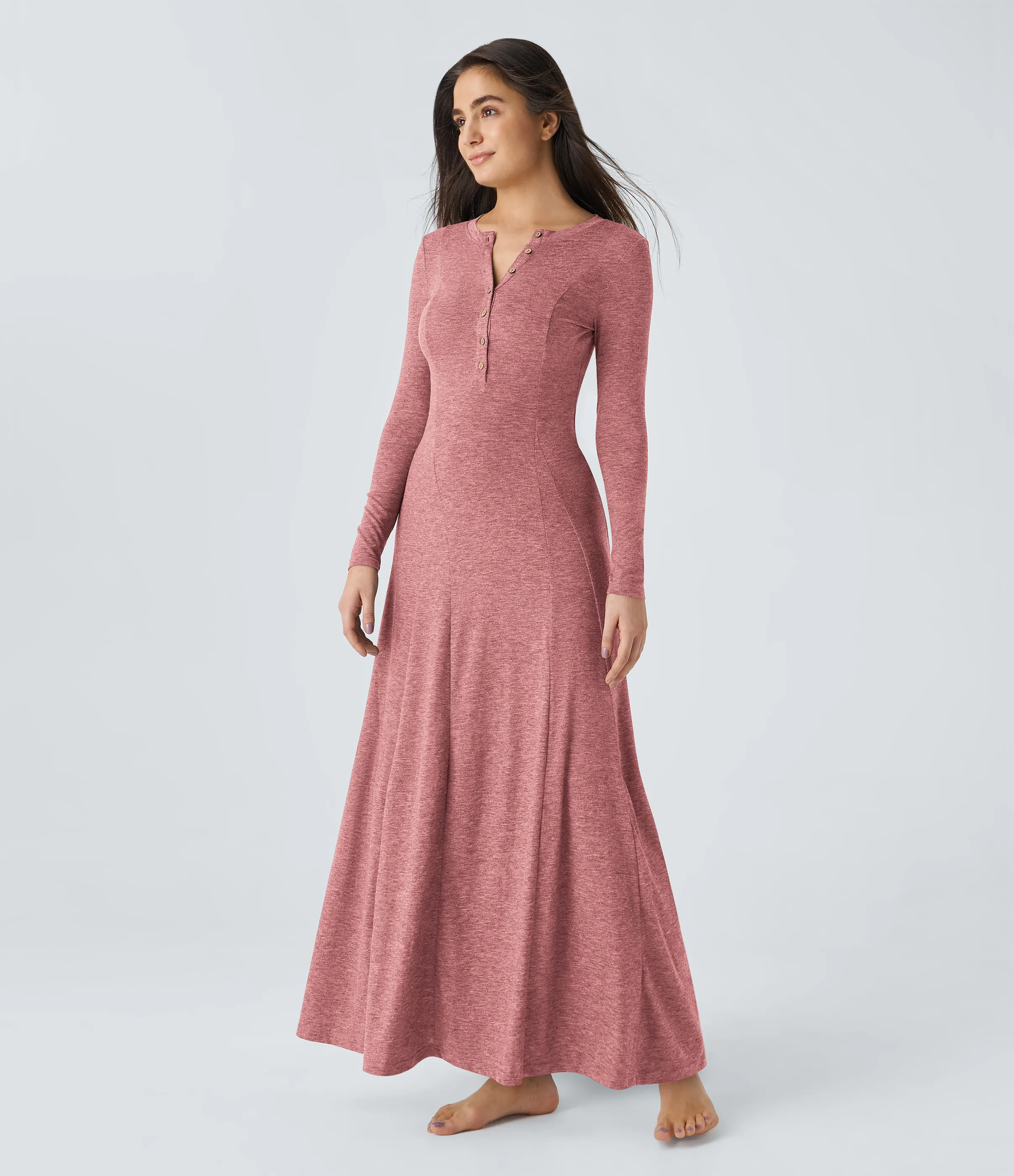 Halara Vestido maxi acampanado de manga larga y cuello redondo con botones - Brick Red Mix - XS sold by Halara product image thumbnail 2