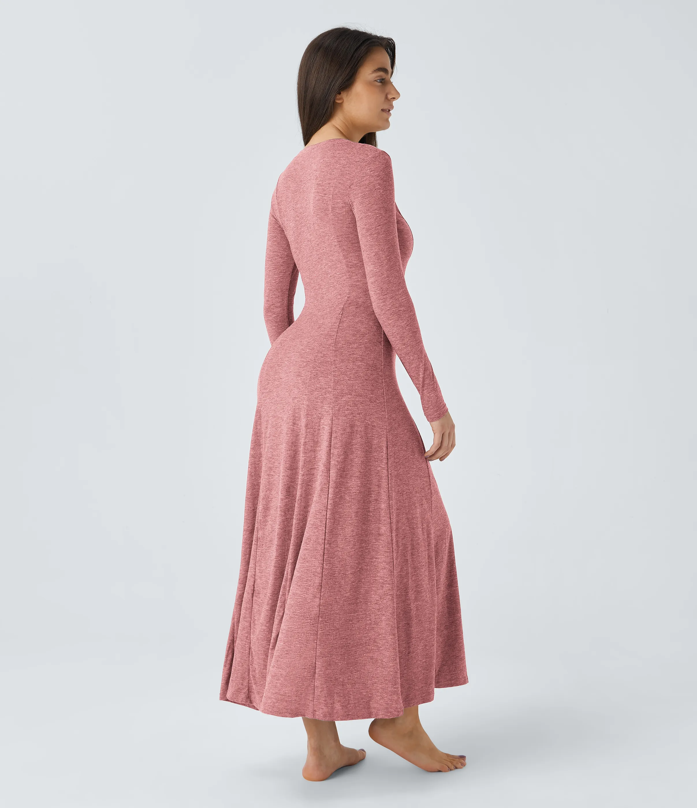 Halara Vestido maxi acampanado de manga larga y cuello redondo con botones - Brick Red Mix - XS sold by Halara product image thumbnail 3