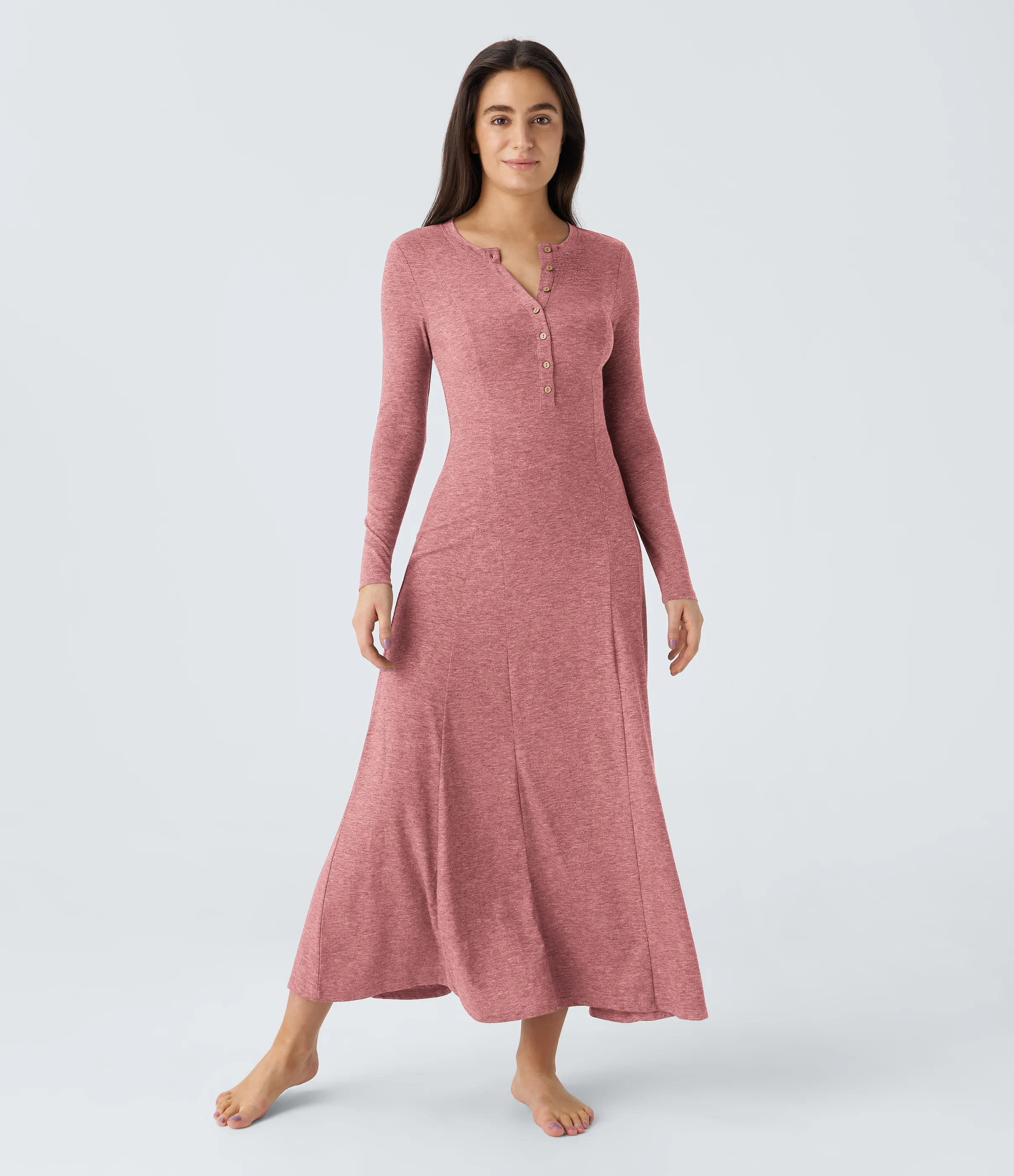 Halara Vestido maxi acampanado de manga larga y cuello redondo con botones - Brick Red Mix - XS sold by Halara product image thumbnail 4