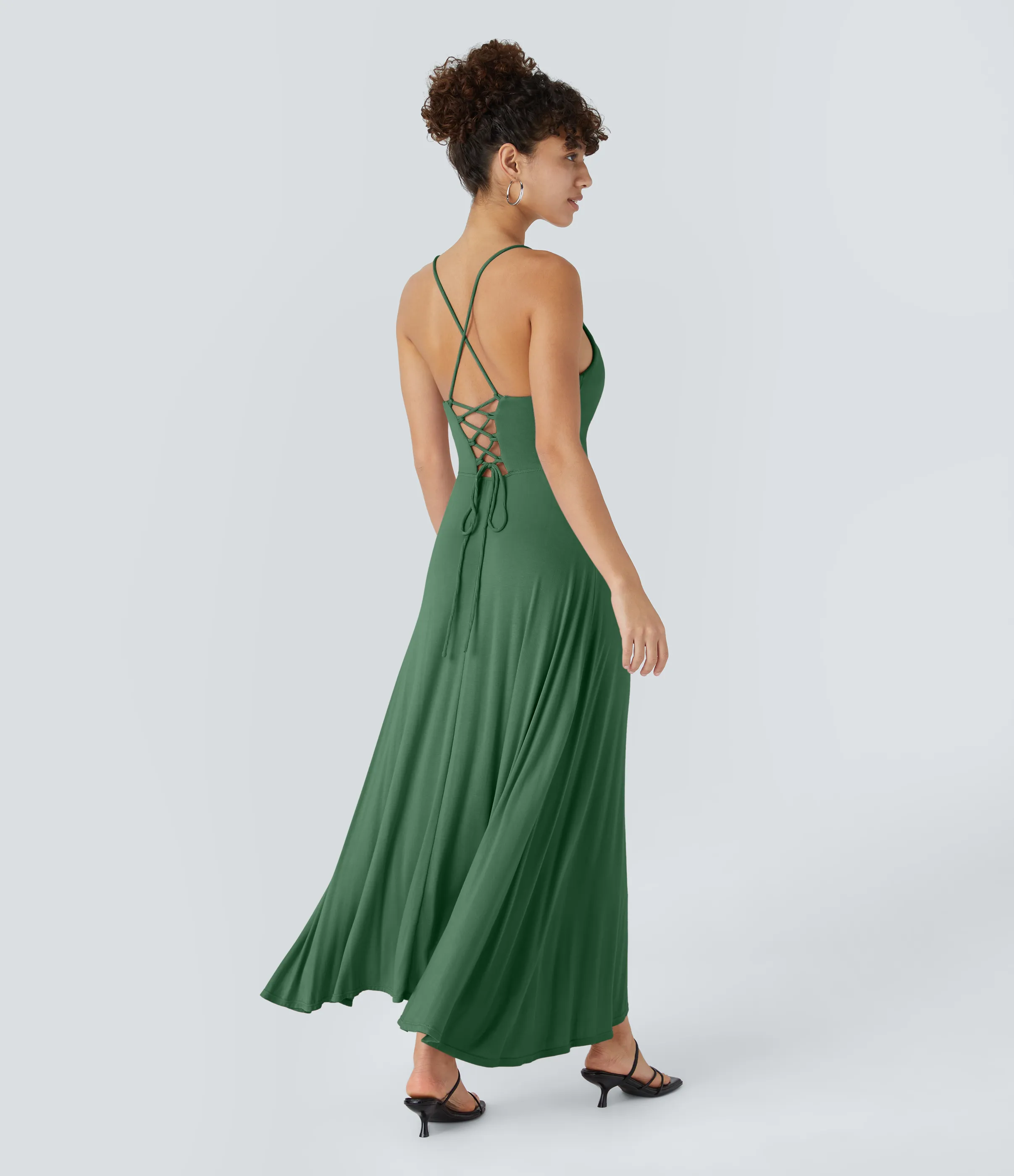 Halara Vestido fiesta midi abertura cordón cruzado sin espalda cuello vuelto acanalado - Dark Verdant Green - XL sold by Halara product image thumbnail 3
