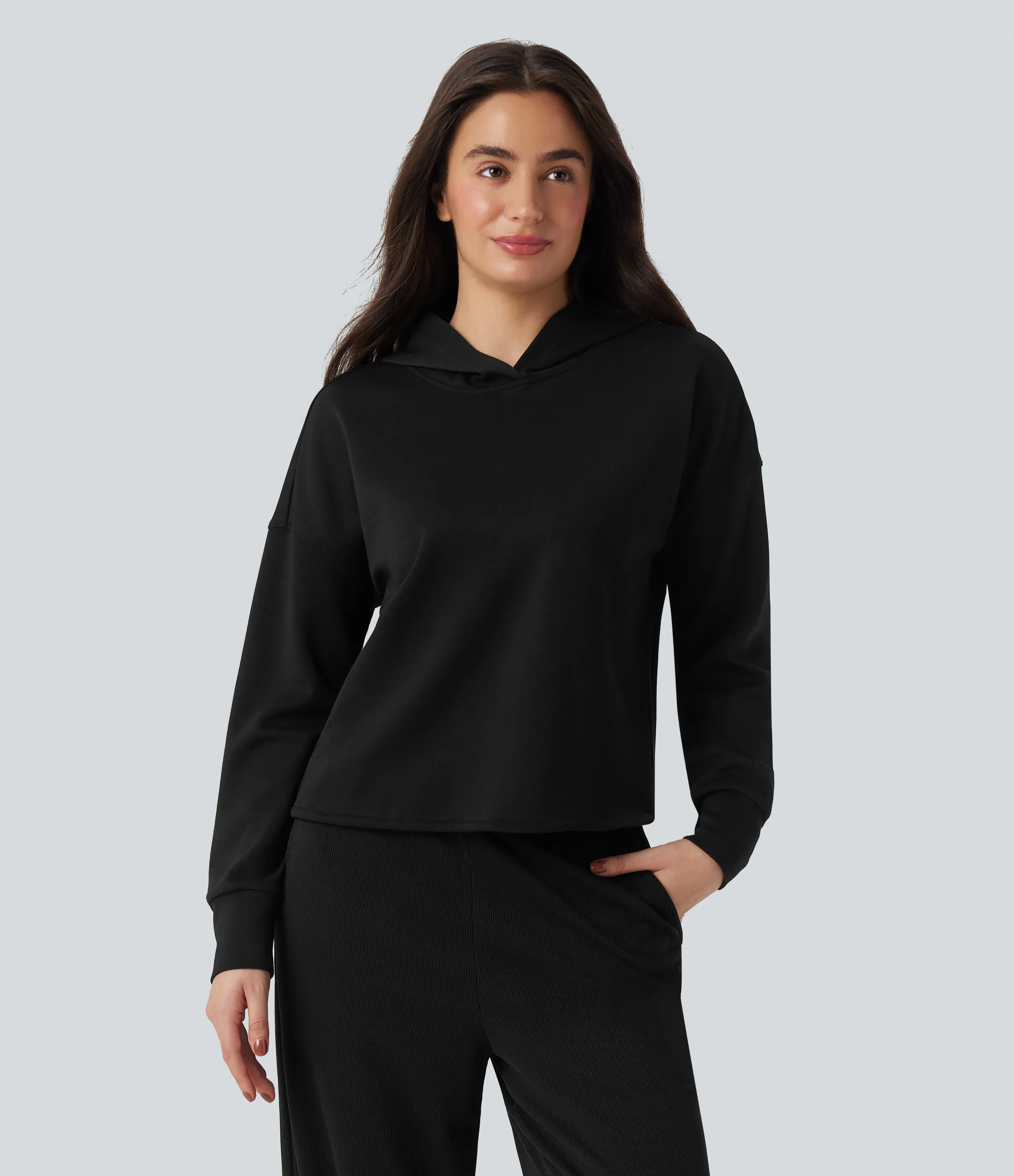 Halara Sudadera casual con capucha de manga larga con hombros caídos, abertura en la espalda y lazo - Black - XL sold by Halara product image thumbnail 3