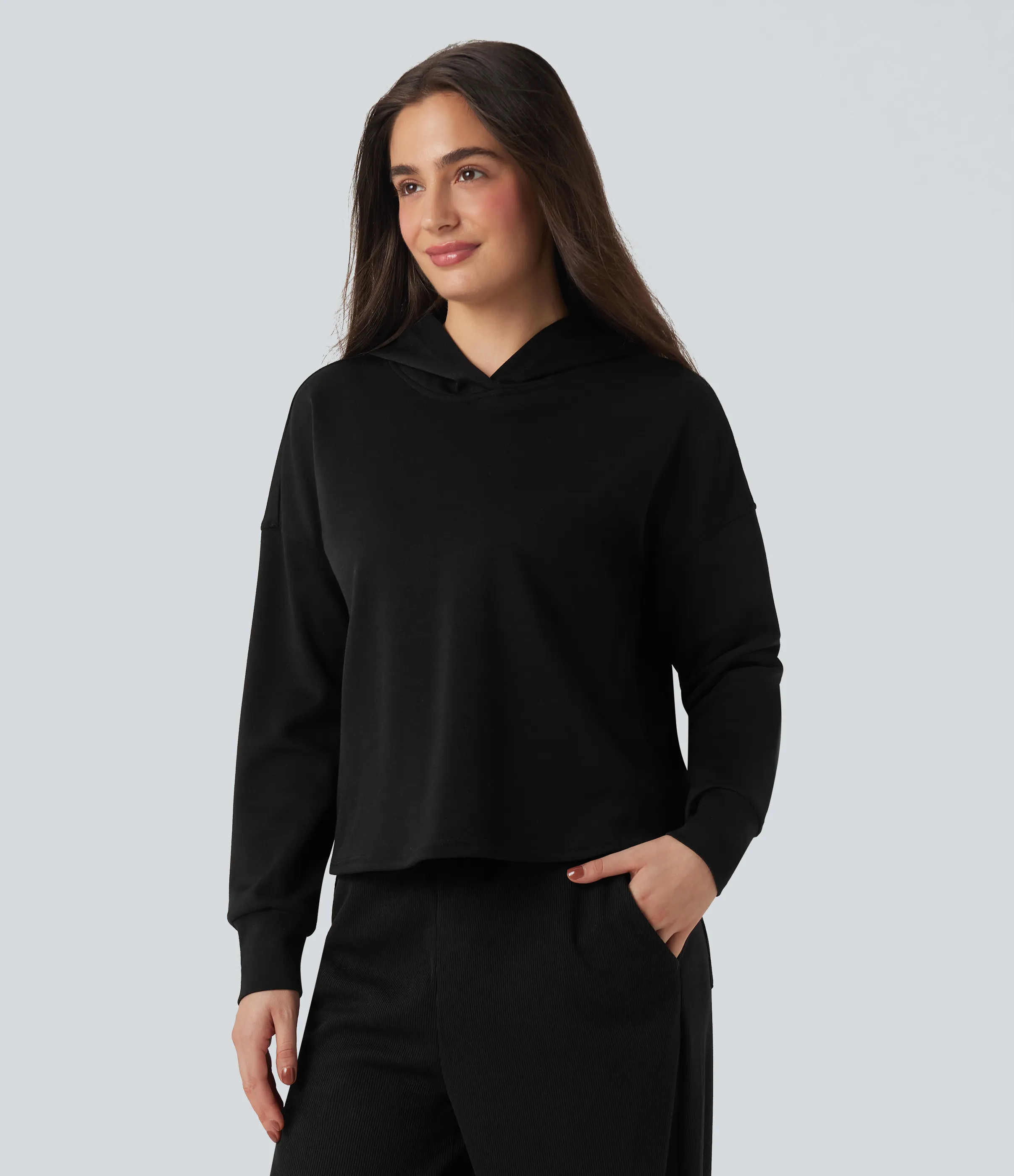 Halara Sudadera casual con capucha de manga larga con hombros caídos, abertura en la espalda y lazo - Black - XL sold by Halara product image thumbnail 4