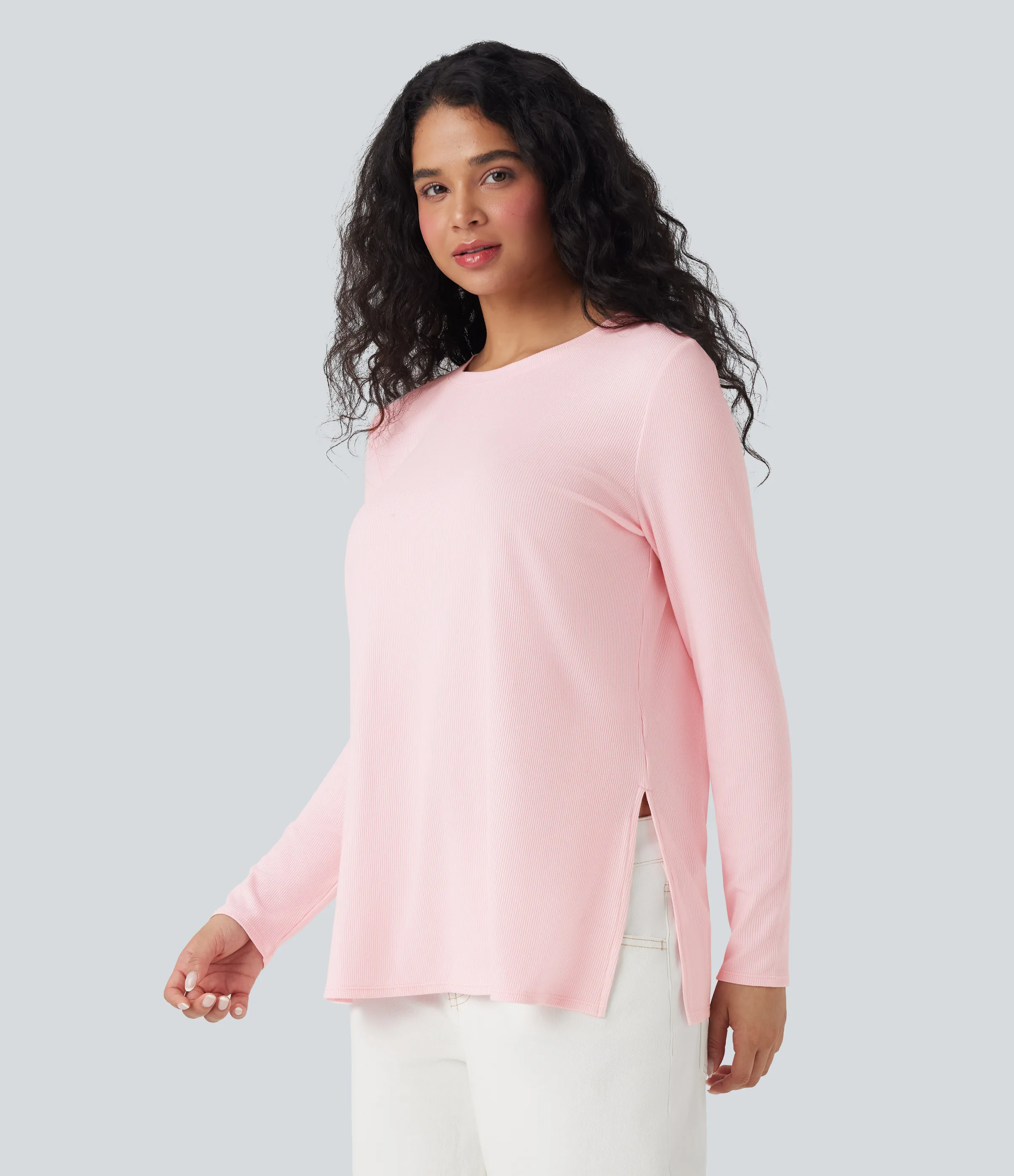 Halara Camiseta casual de punto acanalado con manga larga y dobladillo dividido - Rose Haze Pink - M sold by Halara product image thumbnail 4