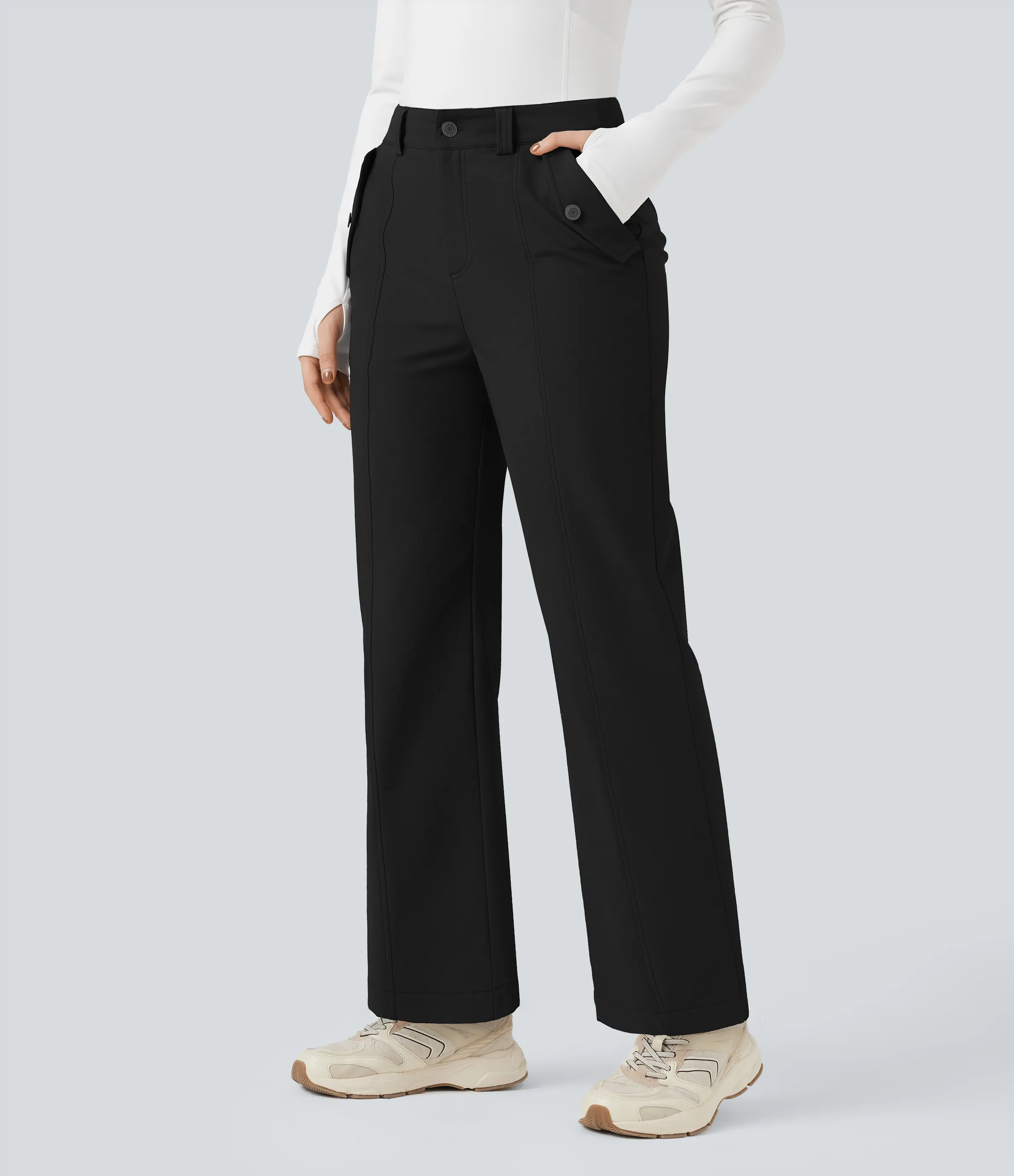 Halara Pantalones de senderismo rectos de tiro medio y resistentes al agua y con bolsillos - Black - M(regular) sold by Halara product image thumbnail 4